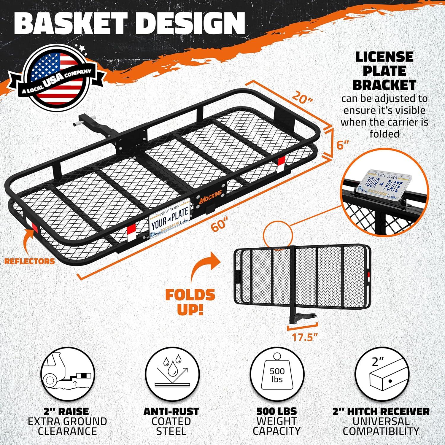 imageMockins 60quotx20quotx6quot Heavy Duty Trailer Hitch Cargo Carrier wLicense Plate Holder ampamp 16 CuFt Waterproof Cargo Bag for Hitch Carrier  AllWeather 500 Lbs Cap Folding Luggage Rack for SUV Car ampamp TruckLarge 60 L X 20 W X 6 H