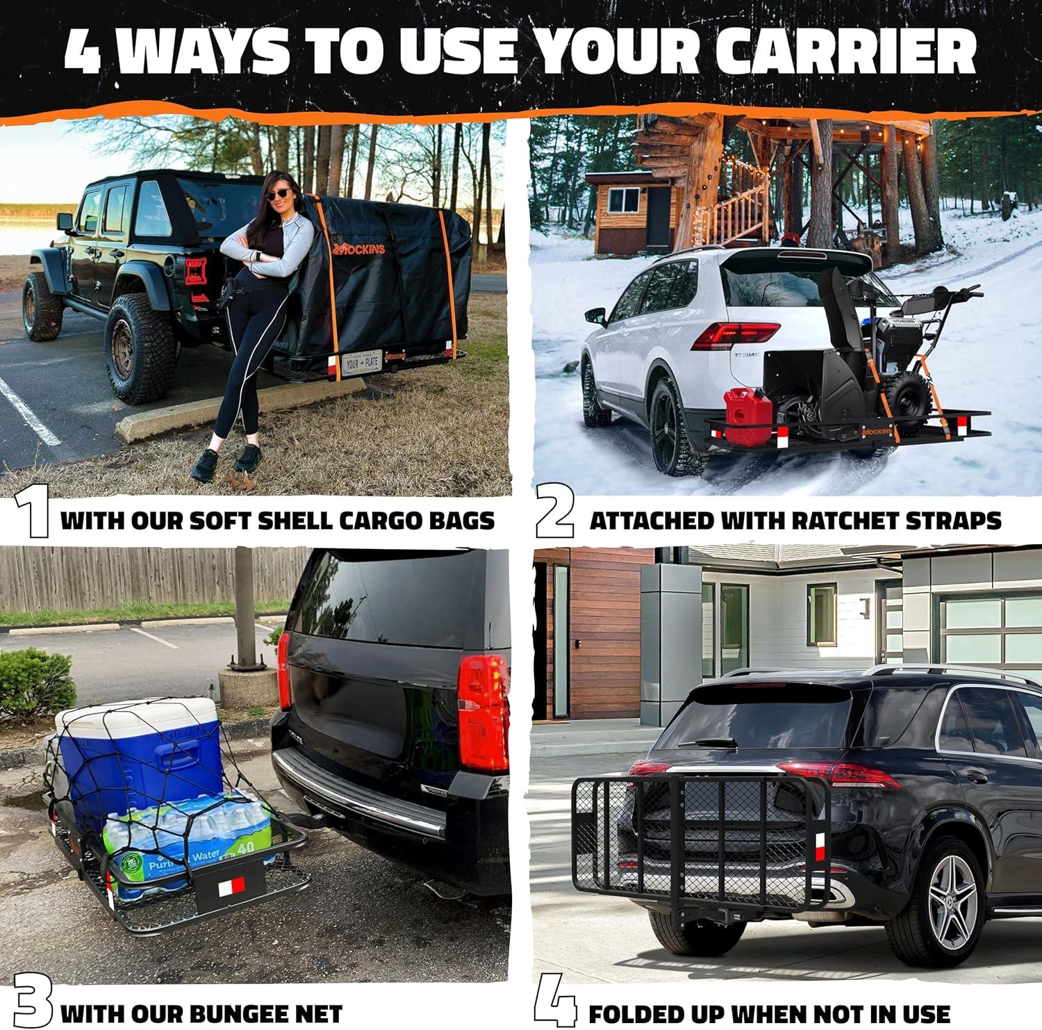 imageMockins 60quotx20quotx6quot Heavy Duty Trailer Hitch Cargo Carrier wLicense Plate Holder ampamp 16 CuFt Waterproof Cargo Bag for Hitch Carrier  AllWeather 500 Lbs Cap Folding Luggage Rack for SUV Car ampamp TruckExtra Large 60 L X 24 W X 6 H