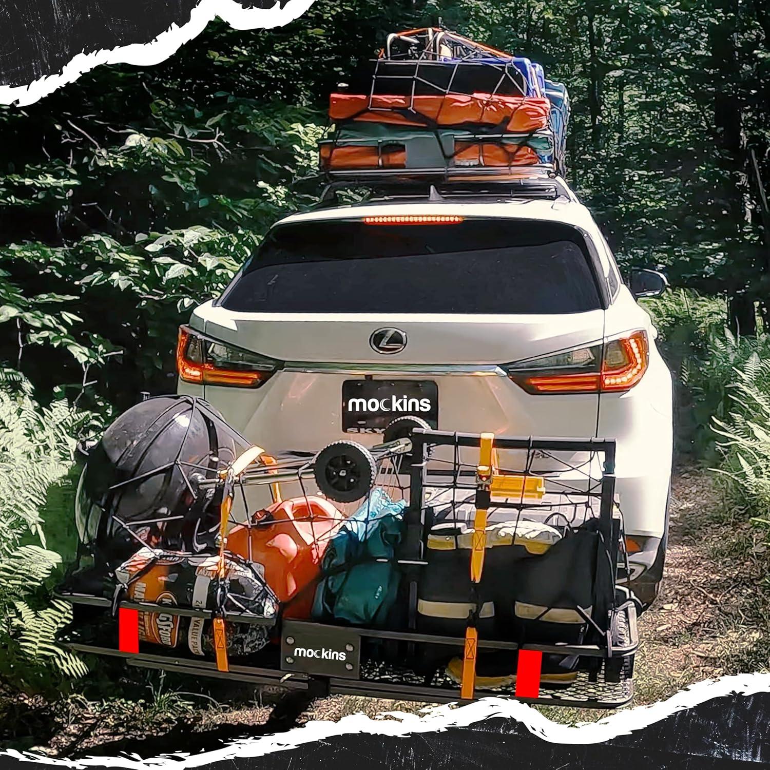 imageMockins 60quotx20quotx6quot Heavy Duty Trailer Hitch Cargo Carrier wLicense Plate Holder ampamp 16 CuFt Waterproof Cargo Bag for Hitch Carrier  AllWeather 500 Lbs Cap Folding Luggage Rack for SUV Car ampamp TruckLarge 60 L X 20 W X