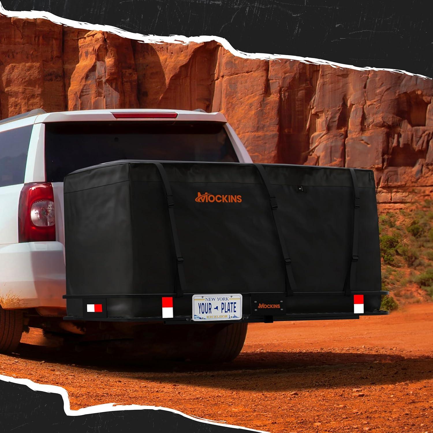 imageMockins 60quotx20quotx6quot Heavy Duty Trailer Hitch Cargo Carrier wLicense Plate Holder ampamp 16 CuFt Waterproof Cargo Bag for Hitch Carrier  AllWeather 500 Lbs Cap Folding Luggage Rack for SUV Car ampamp TruckExtra Extra Large 70 L X 30 W X 6 H
