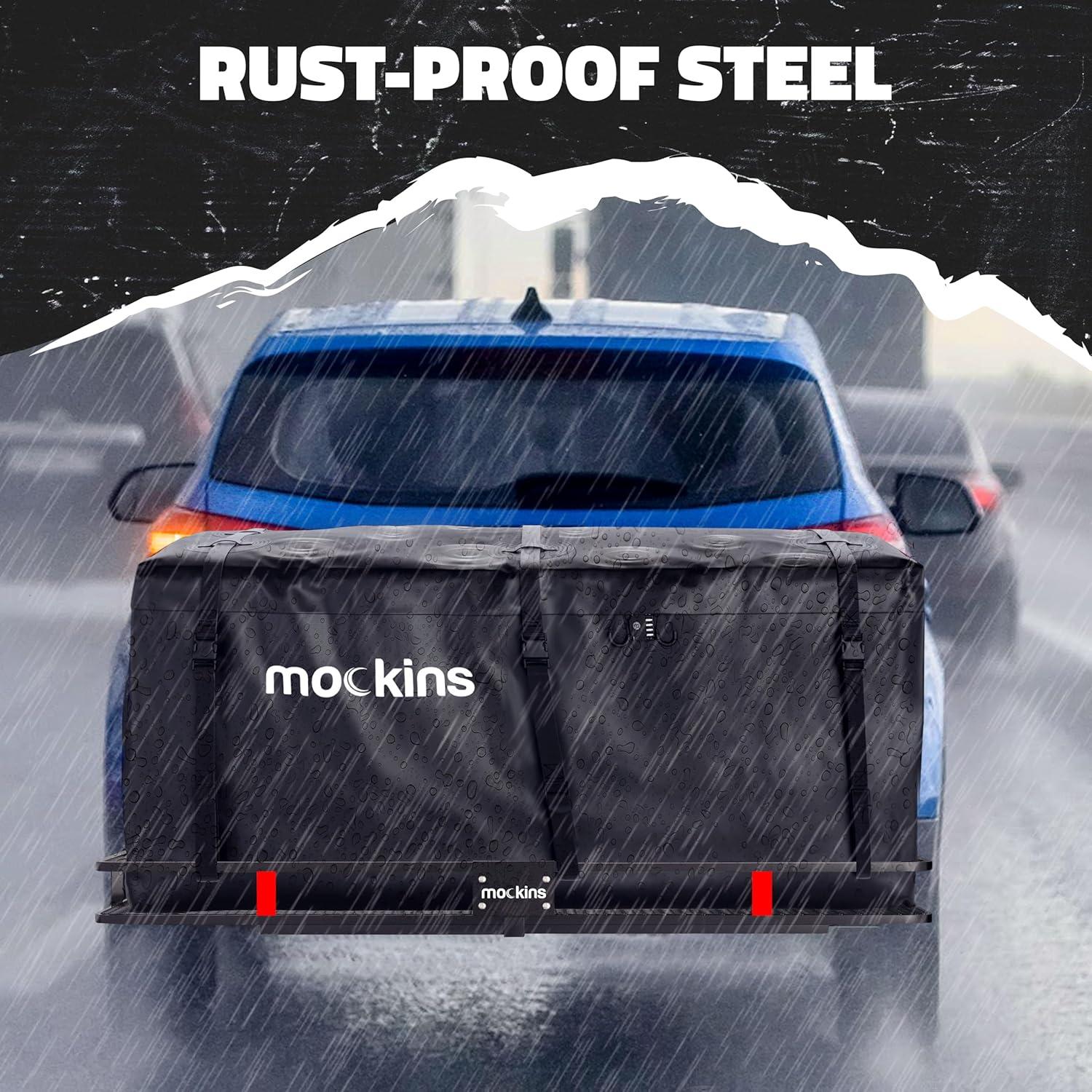 imageMockins 60quotx20quotx6quot Heavy Duty Trailer Hitch Cargo Carrier wLicense Plate Holder ampamp 16 CuFt Waterproof Cargo Bag for Hitch Carrier  AllWeather 500 Lbs Cap Folding Luggage Rack for SUV Car ampamp TruckLarge 60 L X 20 W X