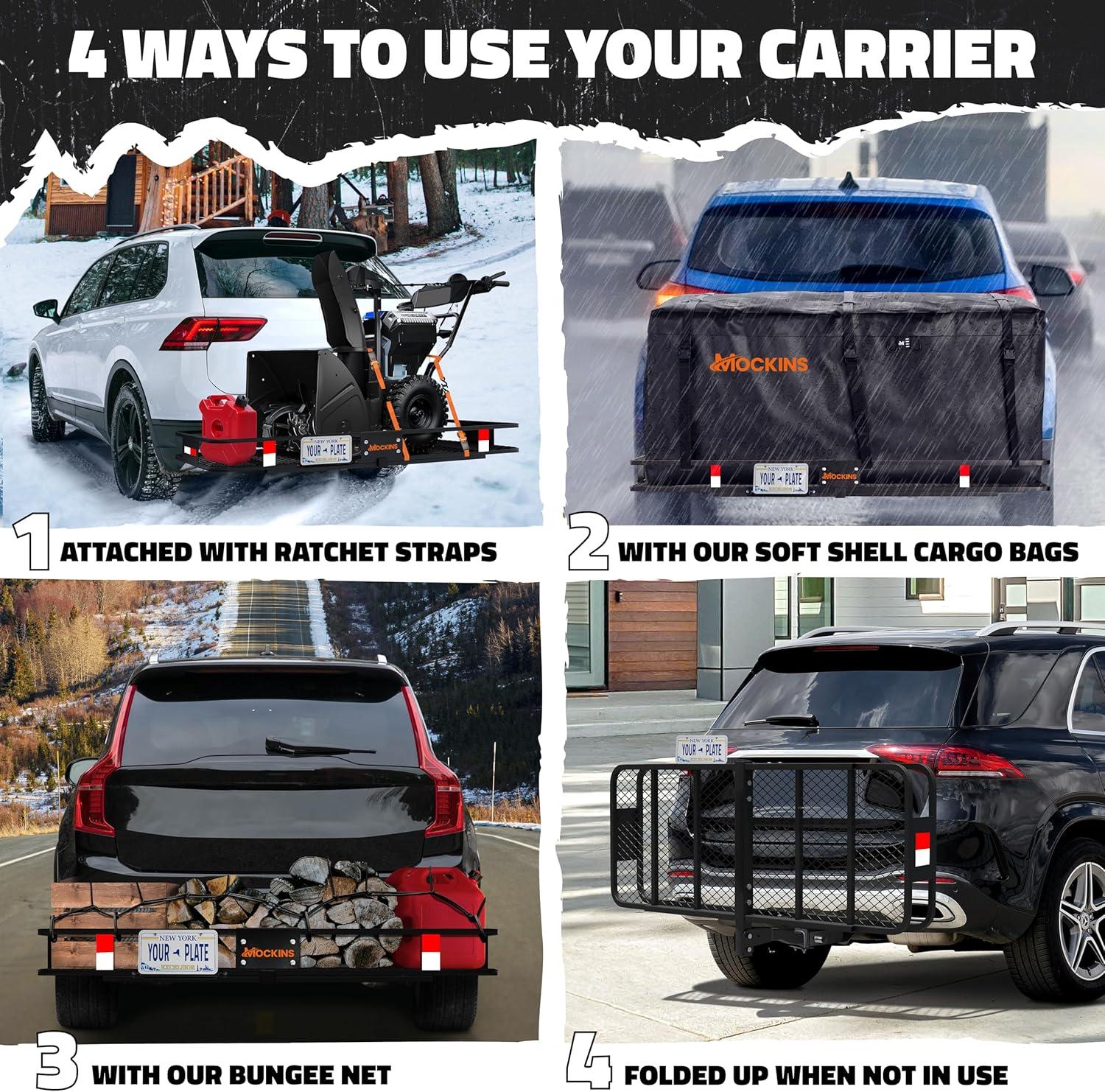 imageMockins 60quotx20quotx6quot Heavy Duty Trailer Hitch Cargo Carrier wLicense Plate Holder ampamp 16 CuFt Waterproof Cargo Bag for Hitch Carrier  AllWeather 500 Lbs Cap Folding Luggage Rack for SUV Car ampamp TruckLarge 60 L X 20 W X 6 H