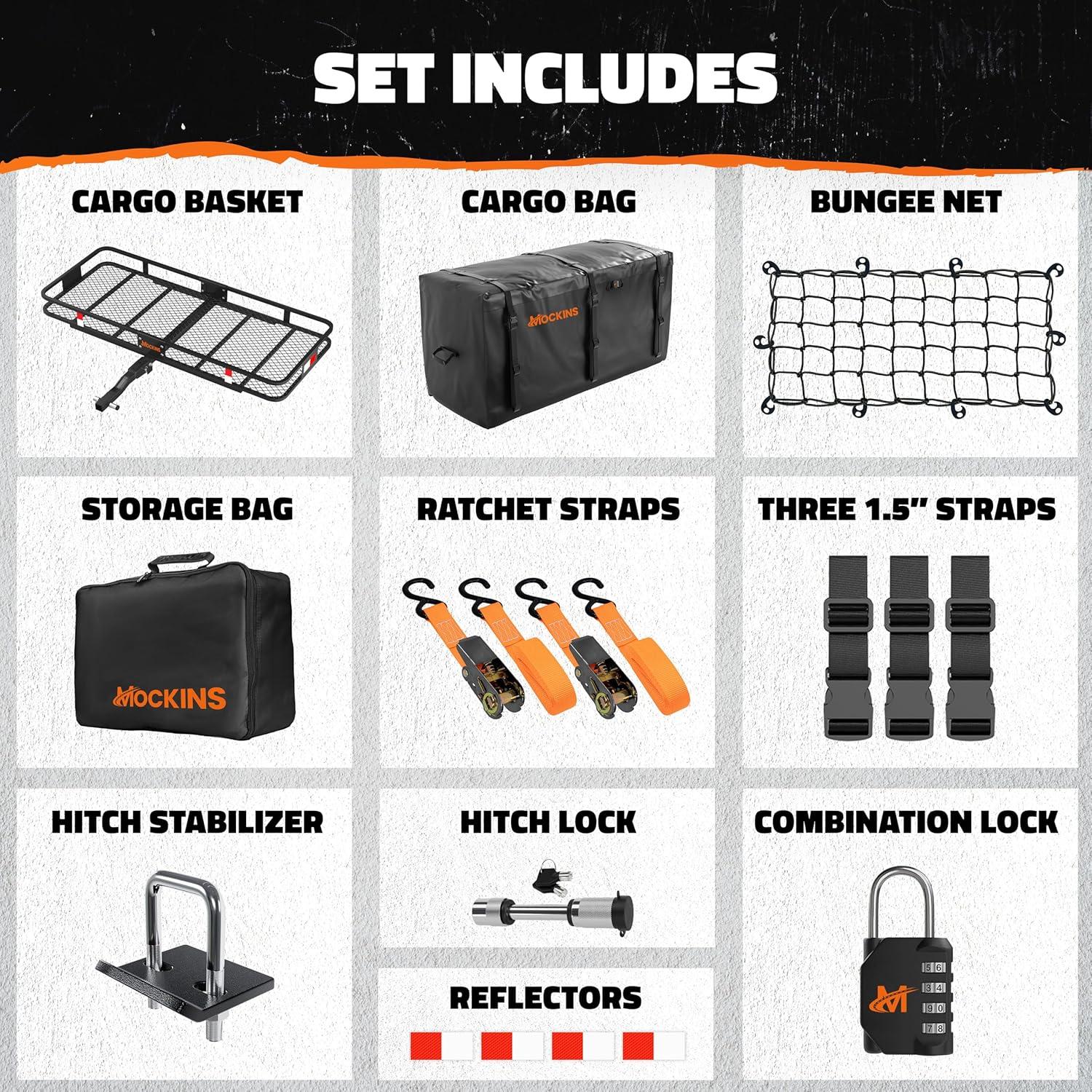 imageMockins 60quotx20quotx6quot Heavy Duty Trailer Hitch Cargo Carrier wLicense Plate Holder ampamp 16 CuFt Waterproof Cargo Bag for Hitch Carrier  AllWeather 500 Lbs Cap Folding Luggage Rack for SUV Car ampamp TruckExtra Large 60 L X 24 W X 6 H