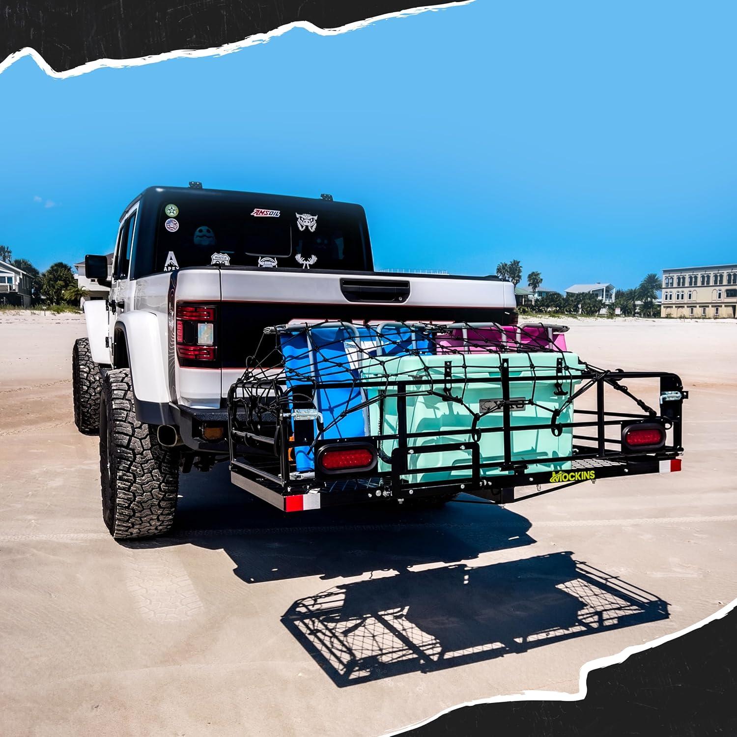 imageMockins 60quotx24quotx14quot High Rail Folding Car Trailer Hitch Cargo Carrier wRear Lights Plate Bracket ampamp 30 CuFt Waterproof Cargo Bag for Hitch Carrier  500Lbs Capacity Luggage Rack for SUV Car Truck RVExtra Large 60Lx24Wx14H  30 CuFt Bag  LIGHTS