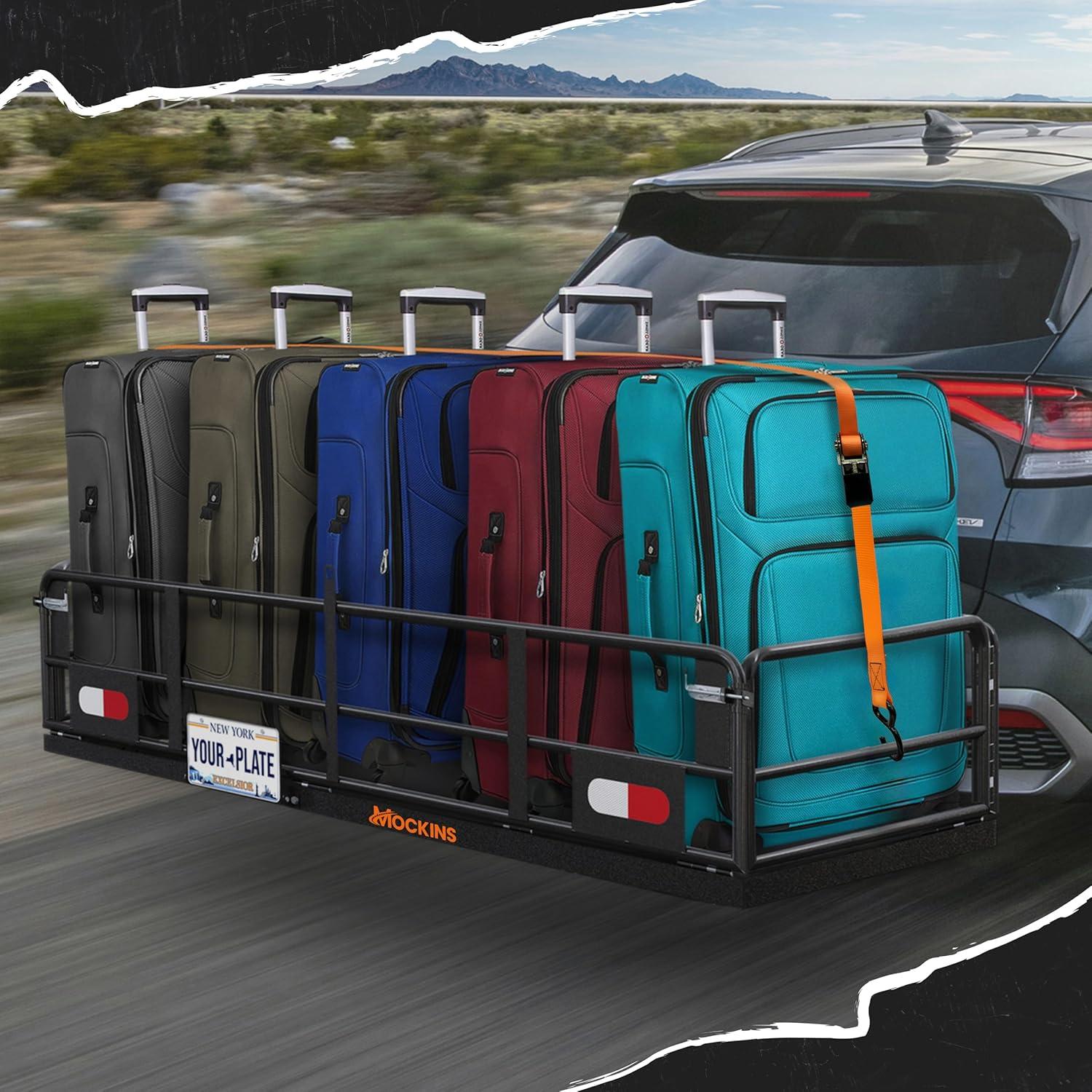 imageMockins 60quotx24quotx14quot High Rail Folding Car Trailer Hitch Cargo Carrier wRear Lights Plate Bracket ampamp 30 CuFt Waterproof Cargo Bag for Hitch Carrier  500Lbs Capacity Luggage Rack for SUV Car Truck RVExtra Large 60 L X 24 W X 14 H