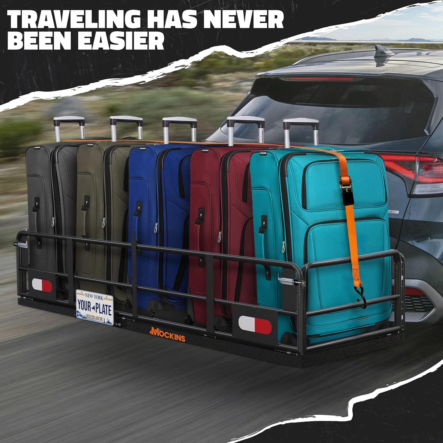 imageMockins 60quotx24quotx14quot High Rail Folding Car Trailer Hitch Cargo Carrier wRear Lights Plate Bracket ampamp 30 CuFt Waterproof Cargo Bag for Hitch Carrier  500Lbs Capacity Luggage Rack for SUV Car Truck RVExtra Large 60Lx24Wx14H  30 CuFt Bag