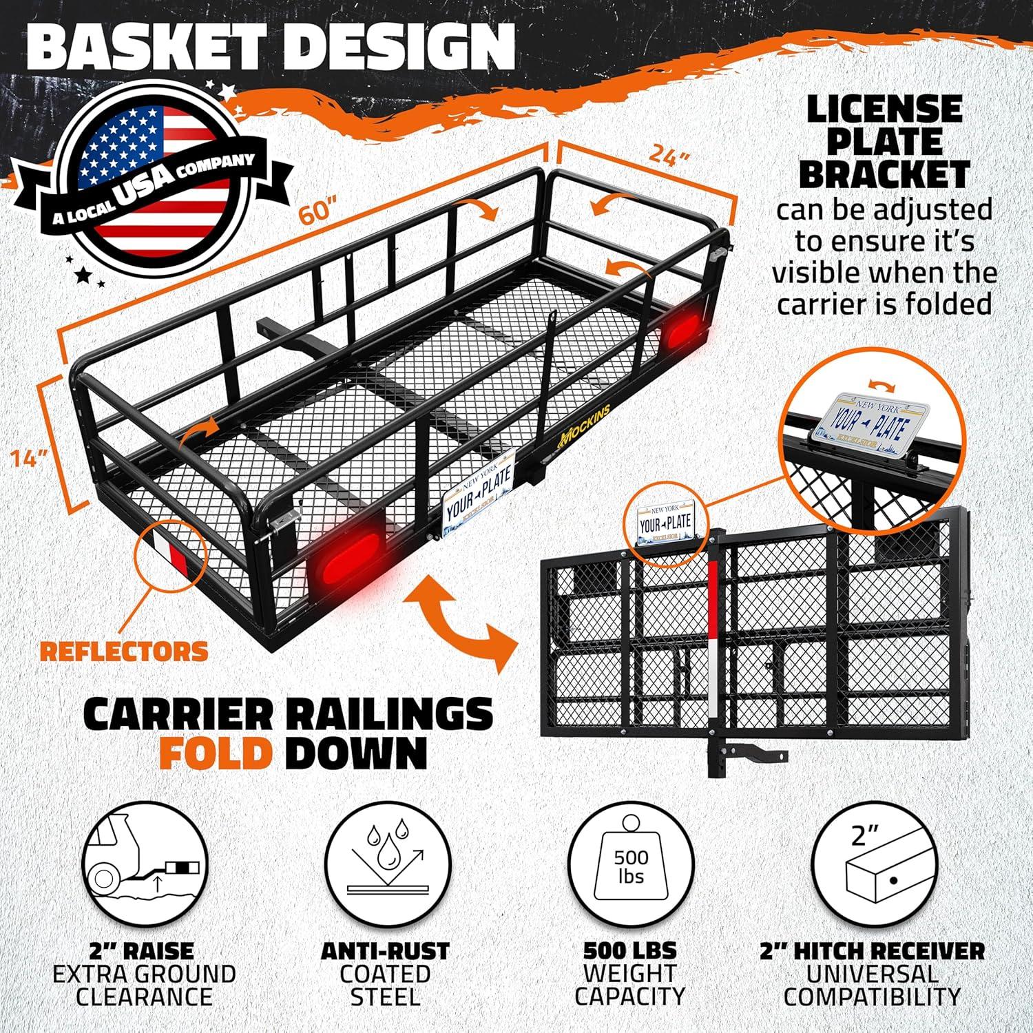 imageMockins 60quotx24quotx14quot High Rail Folding Car Trailer Hitch Cargo Carrier wRear Lights Plate Bracket ampamp 30 CuFt Waterproof Cargo Bag for Hitch Carrier  500Lbs Capacity Luggage Rack for SUV Car Truck RVExtra Large 60Lx24Wx14H  30 CuFt Bag  LIGHTS