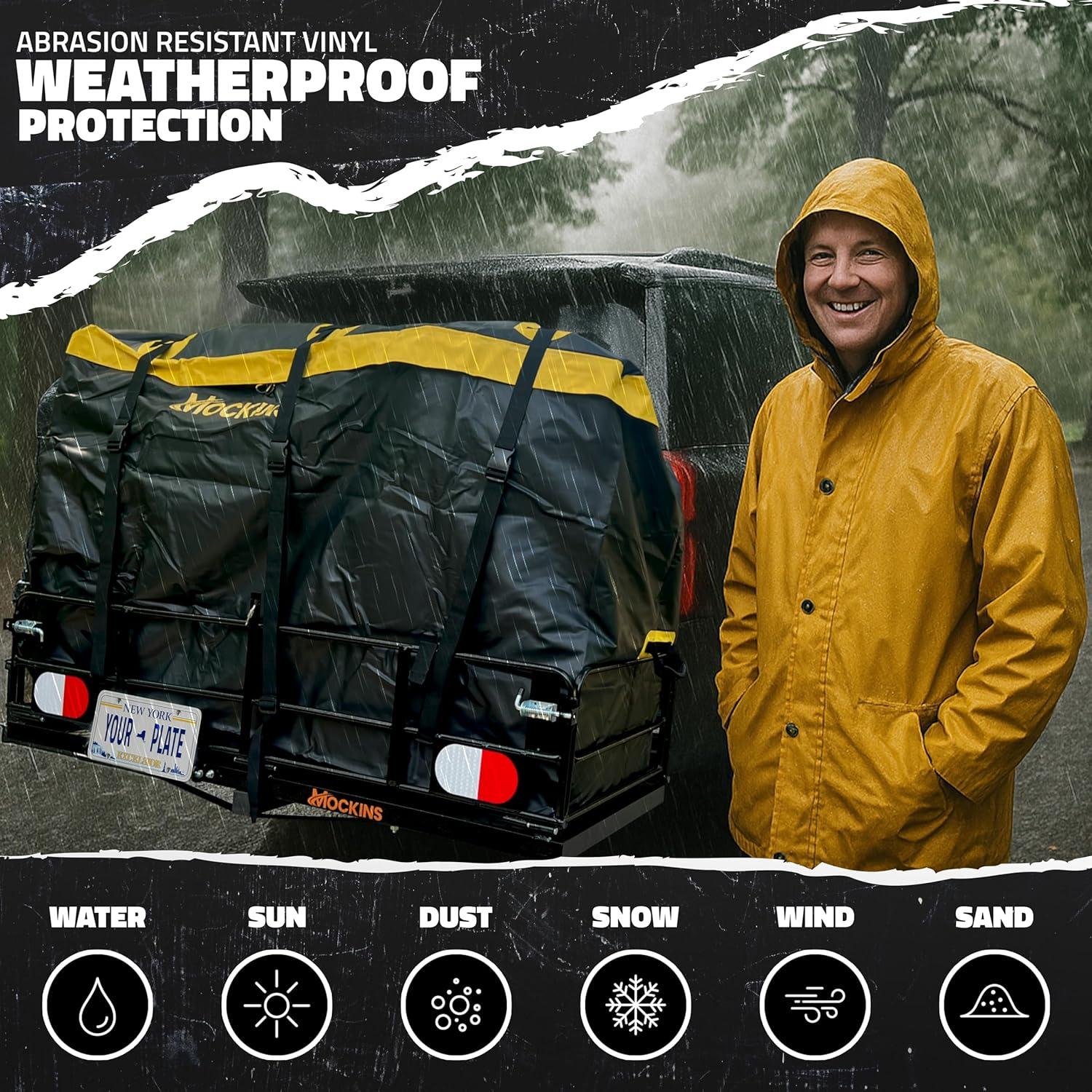 imageMockins 60quotx24quotx14quot High Rail Folding Car Trailer Hitch Cargo Carrier wRear Lights Plate Bracket ampamp 30 CuFt Waterproof Cargo Bag for Hitch Carrier  500Lbs Capacity Luggage Rack for SUV Car Truck RVExtra Large 60Lx24Wx14H  30 CuFt Bag