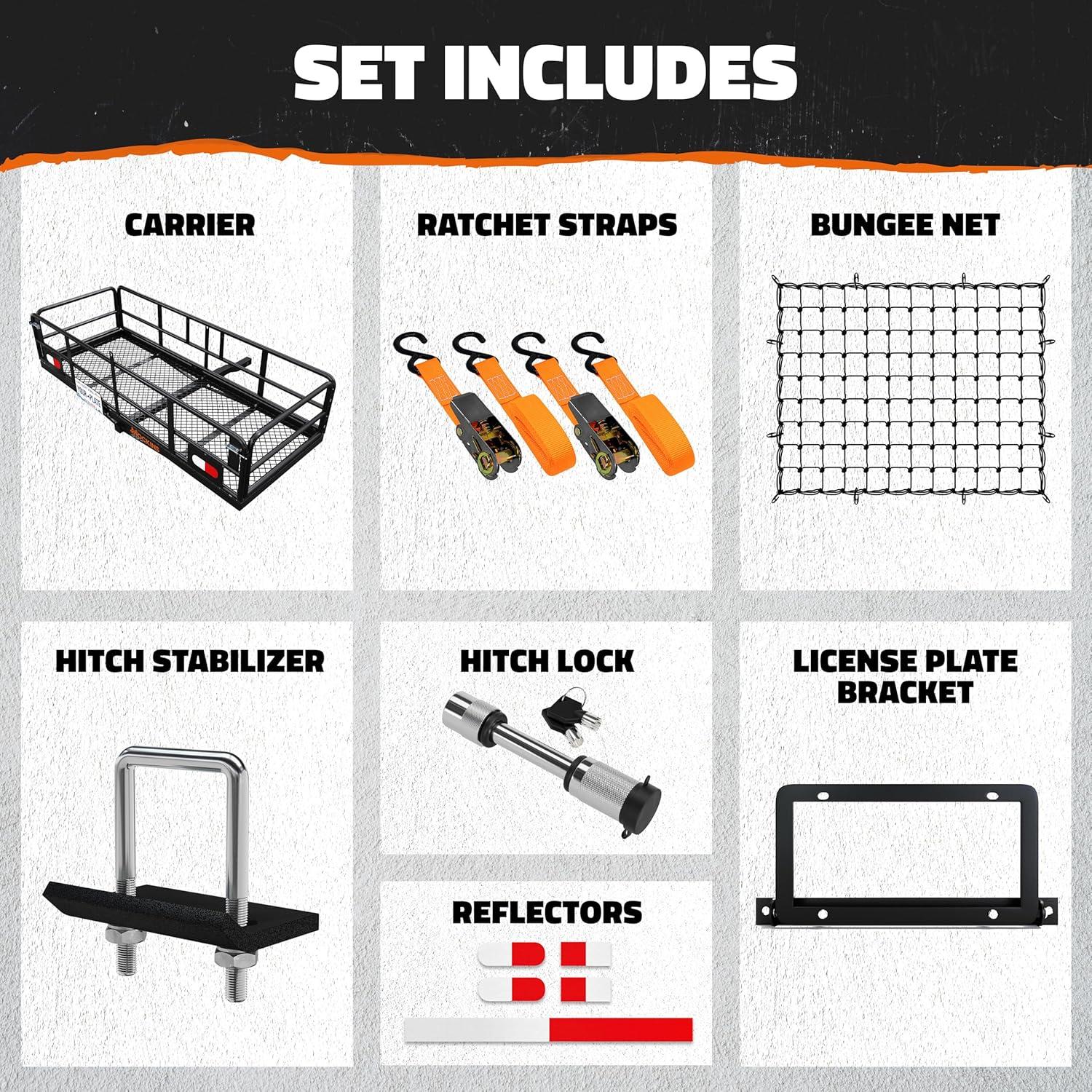 imageMockins 60quotx24quotx14quot High Rail Folding Car Trailer Hitch Cargo Carrier wRear Lights Plate Bracket ampamp 30 CuFt Waterproof Cargo Bag for Hitch Carrier  500Lbs Capacity Luggage Rack for SUV Car Truck RVExtra Large 60 L X 24 W X 14 H