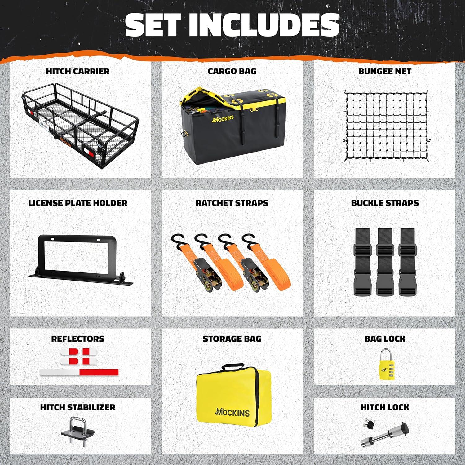 imageMockins 60quotx24quotx14quot High Rail Folding Car Trailer Hitch Cargo Carrier wRear Lights Plate Bracket ampamp 30 CuFt Waterproof Cargo Bag for Hitch Carrier  500Lbs Capacity Luggage Rack for SUV Car Truck RVExtra Large 60Lx24Wx14H  30 CuFt Bag