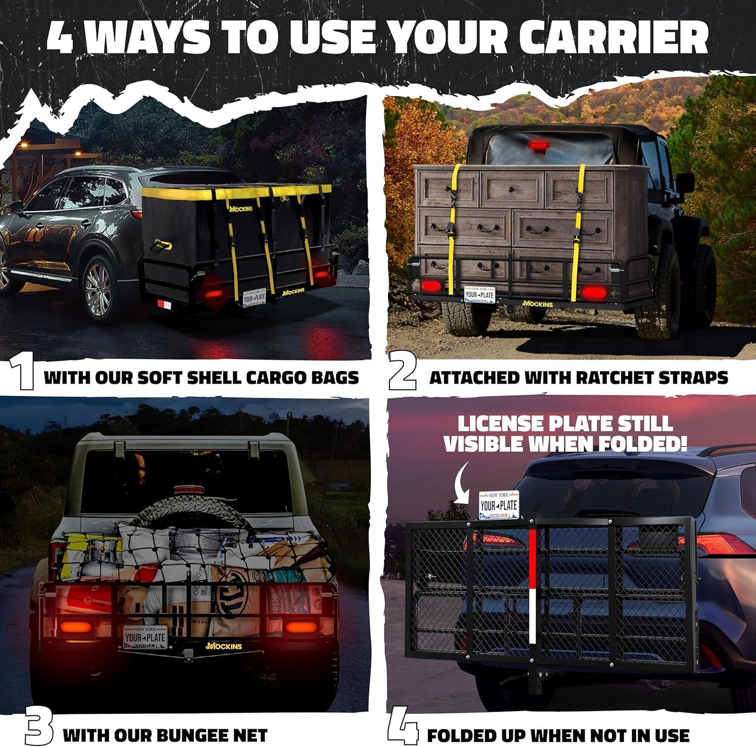 imageMockins 60quotx24quotx14quot High Rail Folding Car Trailer Hitch Cargo Carrier wRear Lights Plate Bracket ampamp 30 CuFt Waterproof Cargo Bag for Hitch Carrier  500Lbs Capacity Luggage Rack for SUV Car Truck RVExtra Large 60Lx24Wx14H  30 CuFt Bag  LIGHTS