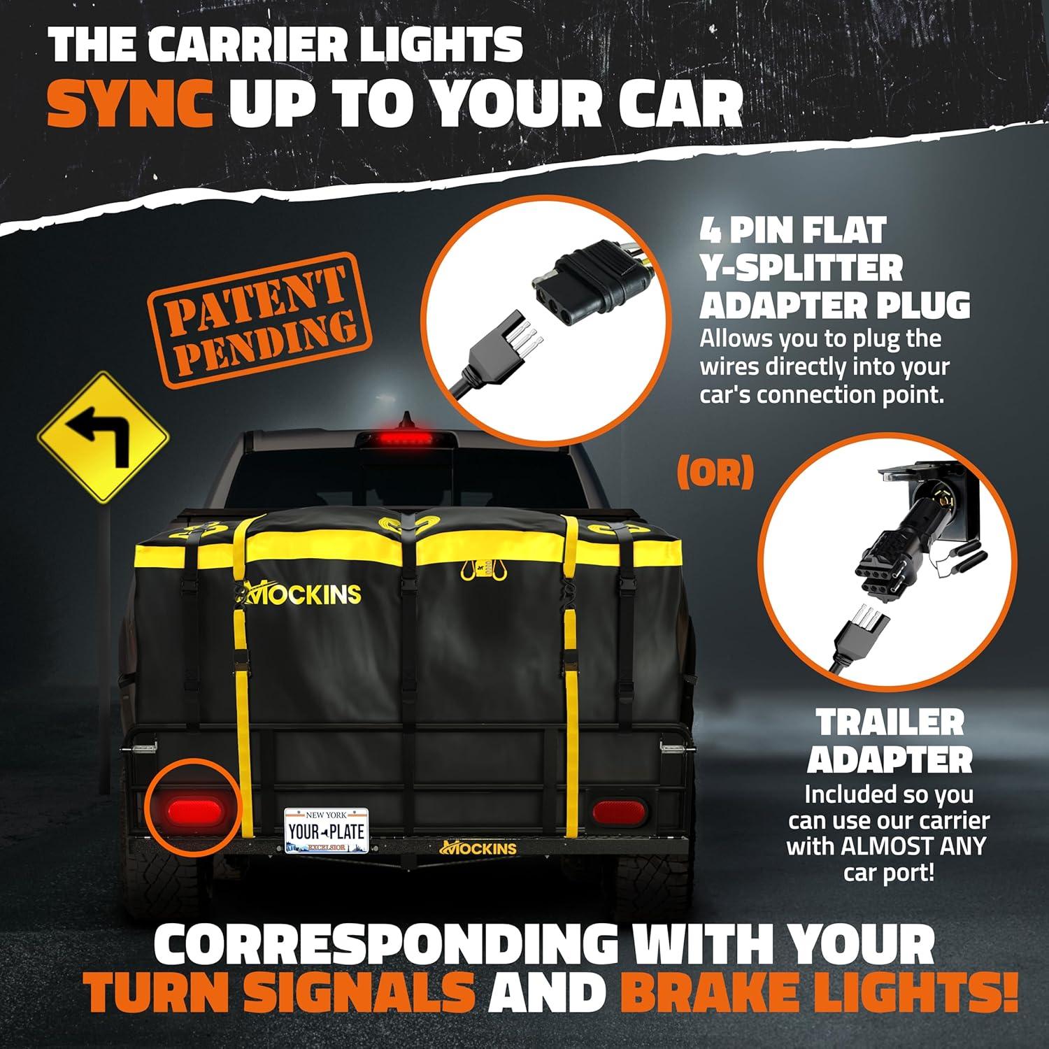 imageMockins 60quotx24quotx14quot High Rail Folding Car Trailer Hitch Cargo Carrier wRear Lights Plate Bracket ampamp 30 CuFt Waterproof Cargo Bag for Hitch Carrier  500Lbs Capacity Luggage Rack for SUV Car Truck RVExtra Large 60Lx24Wx14H  30 CuFt Bag  LIGHTS