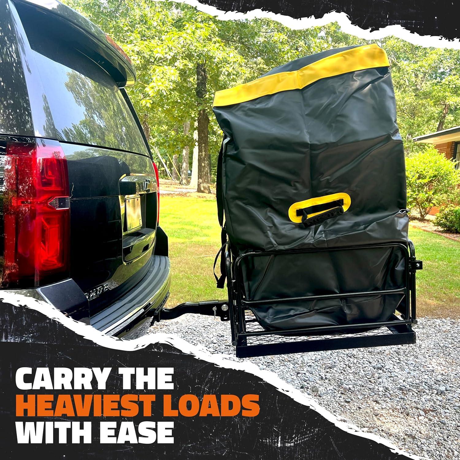 imageMockins 60quotx24quotx14quot High Rail Folding Car Trailer Hitch Cargo Carrier wRear Lights Plate Bracket ampamp 30 CuFt Waterproof Cargo Bag for Hitch Carrier  500Lbs Capacity Luggage Rack for SUV Car Truck RVExtra Large 60Lx24Wx14H  30 CuFt Bag