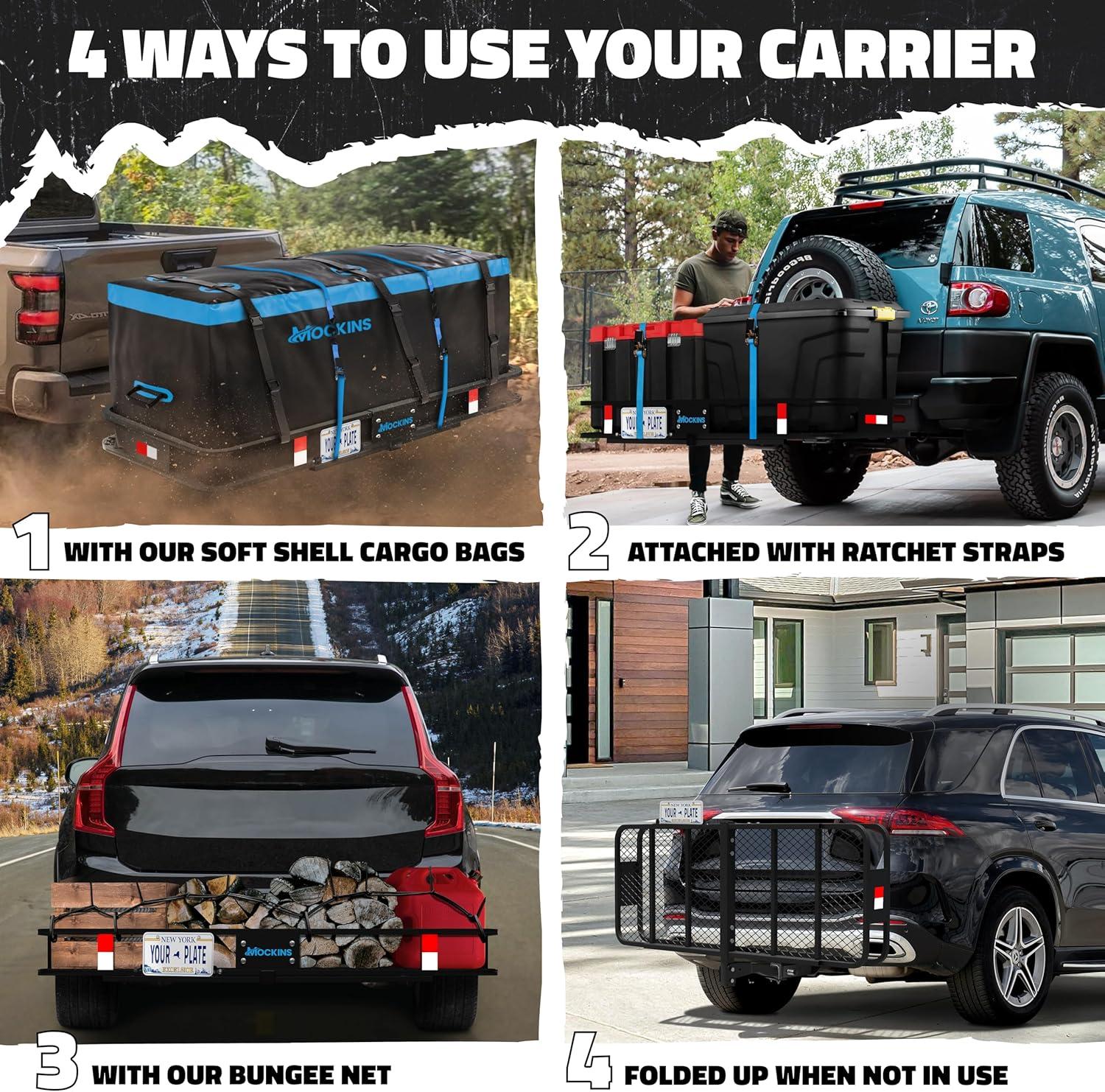 imageMockins 60quotx24quotx6quot Heavy Duty Trailer Hitch Cargo Carrier with 500 Lbs Capacity  Great for Camping Road Trips Moving ampamp More  Hauling Set Includes Straps Net Lock ampamp StabilizerExtra Large 60 L X 24 W X 6 H