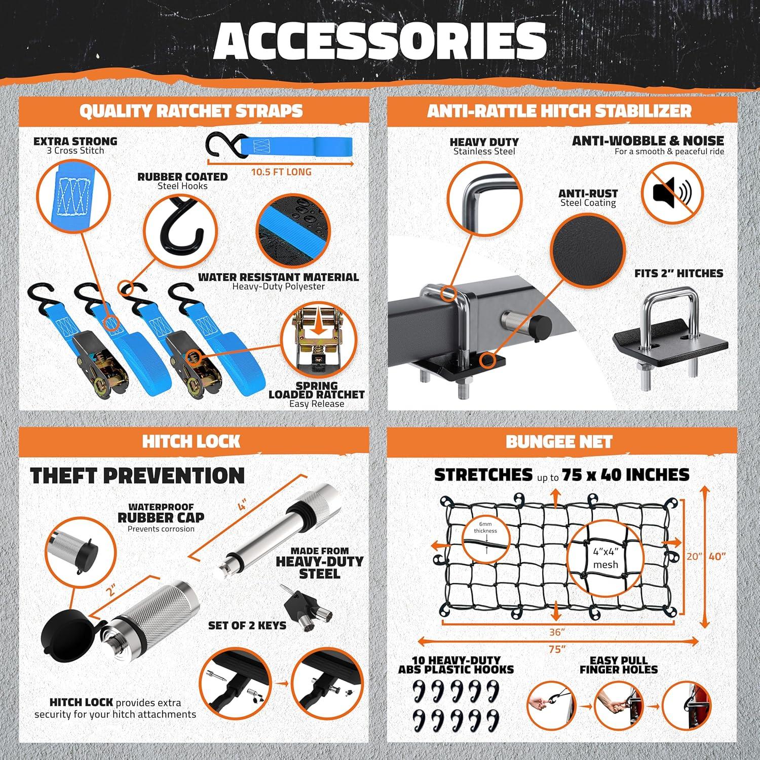 imageMockins 60quotx24quotx6quot Heavy Duty Trailer Hitch Cargo Carrier with 500 Lbs Capacity  Great for Camping Road Trips Moving ampamp More  Hauling Set Includes Straps Net Lock ampamp StabilizerExtra Large 60 L X 24 W X 6 H