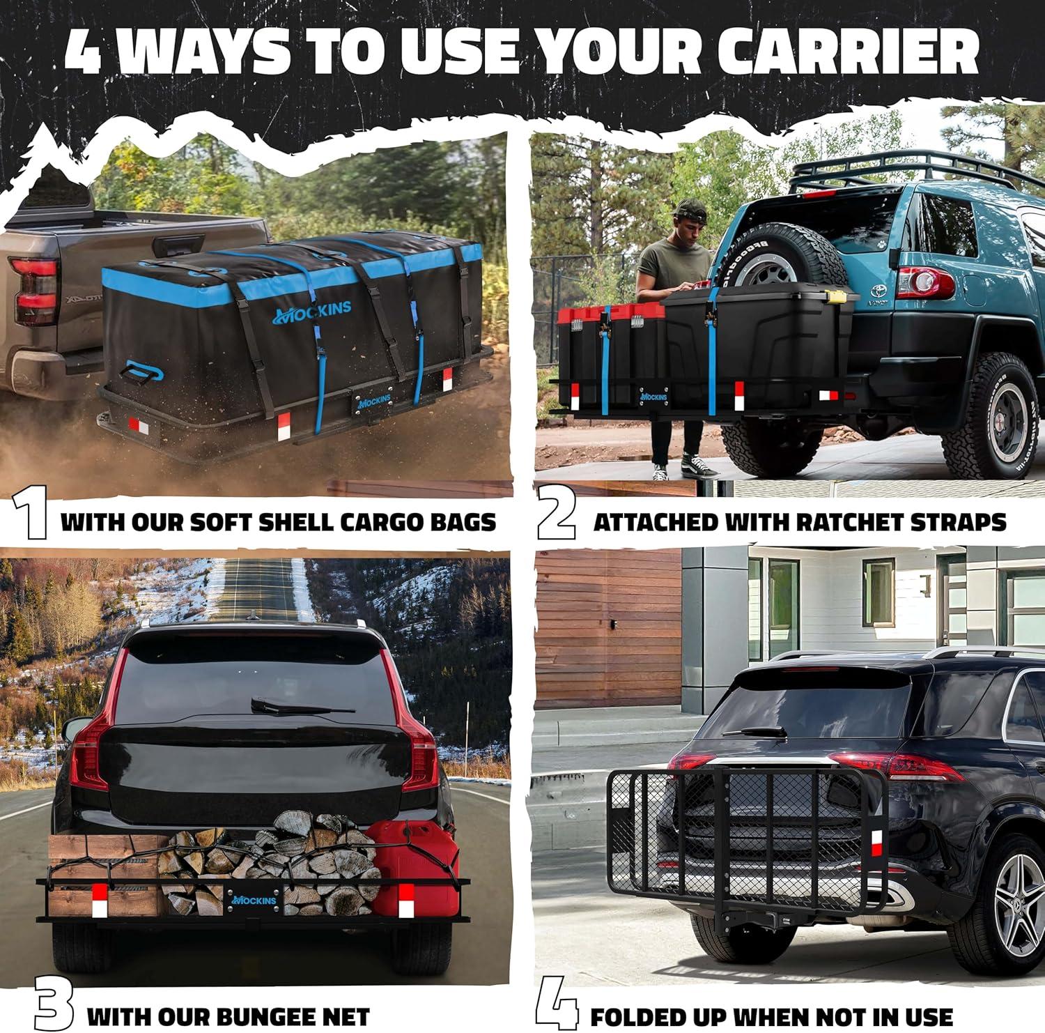 imageMockins 60quotx24quotx6quot Heavy Duty Trailer Hitch Cargo Carrier with 500 Lbs Capacity  Great for Camping Road Trips Moving ampamp More  Hauling Set Includes Straps Net Lock ampamp StabilizerLarge 60 L X 20 W X 6 H