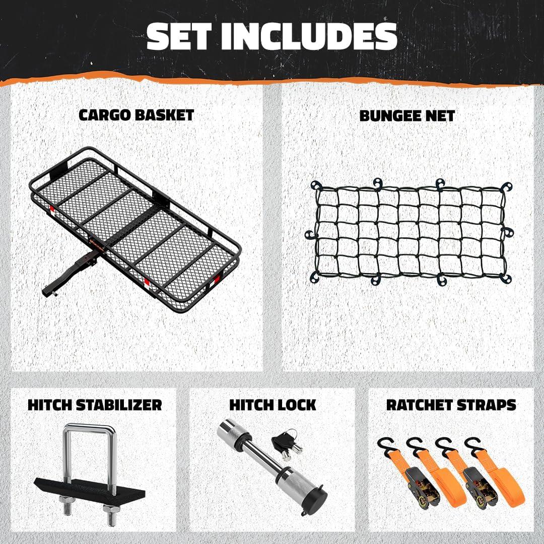 imageMockins 60quotx24quotx6quot Heavy Duty Trailer Hitch Cargo Carrier with 500 Lbs Capacity  Great for Camping Road Trips Moving ampamp More  Hauling Set Includes Straps Net Lock ampamp StabilizerExtra Large 60 L X 24 W X