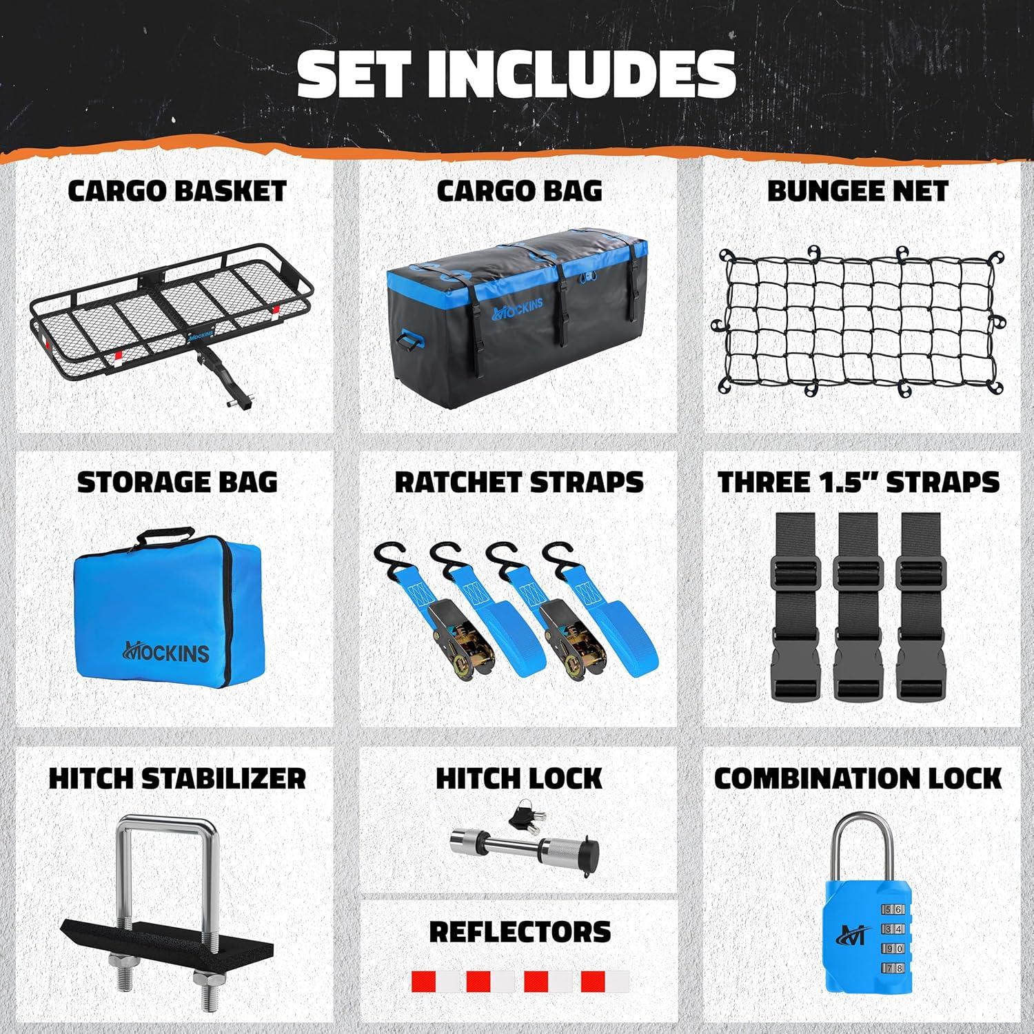 imageMockins 60quotx24quotx6quot Heavy Duty Trailer Hitch Cargo Carrier with 500 Lbs Capacity  Great for Camping Road Trips Moving ampamp More  Hauling Set Includes Straps Net Lock ampamp StabilizerLarge 60 L X 20 W X 6 H