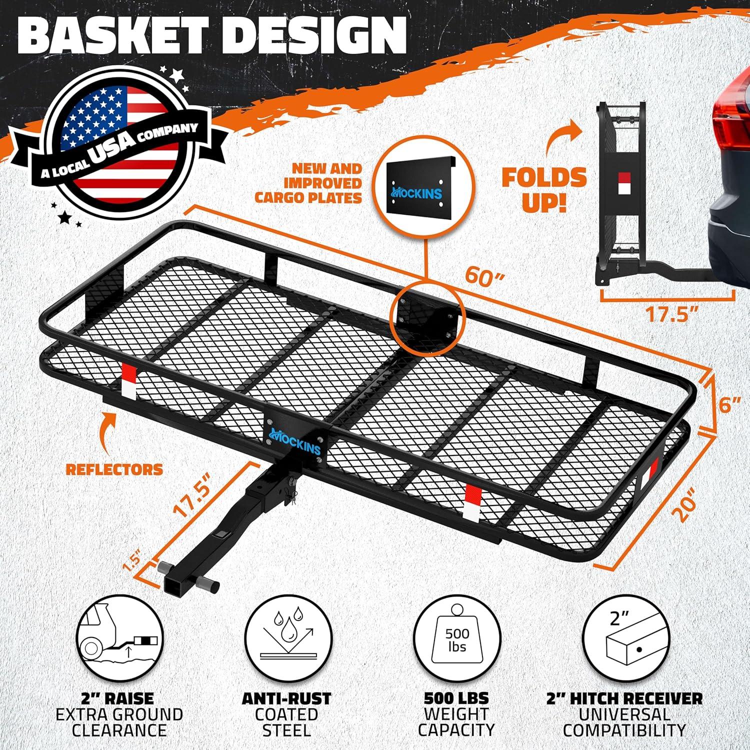 imageMockins 60quotx24quotx6quot Heavy Duty Trailer Hitch Cargo Carrier with 500 Lbs Capacity  Great for Camping Road Trips Moving ampamp More  Hauling Set Includes Straps Net Lock ampamp StabilizerLarge 60 L X 20 W X 6 H