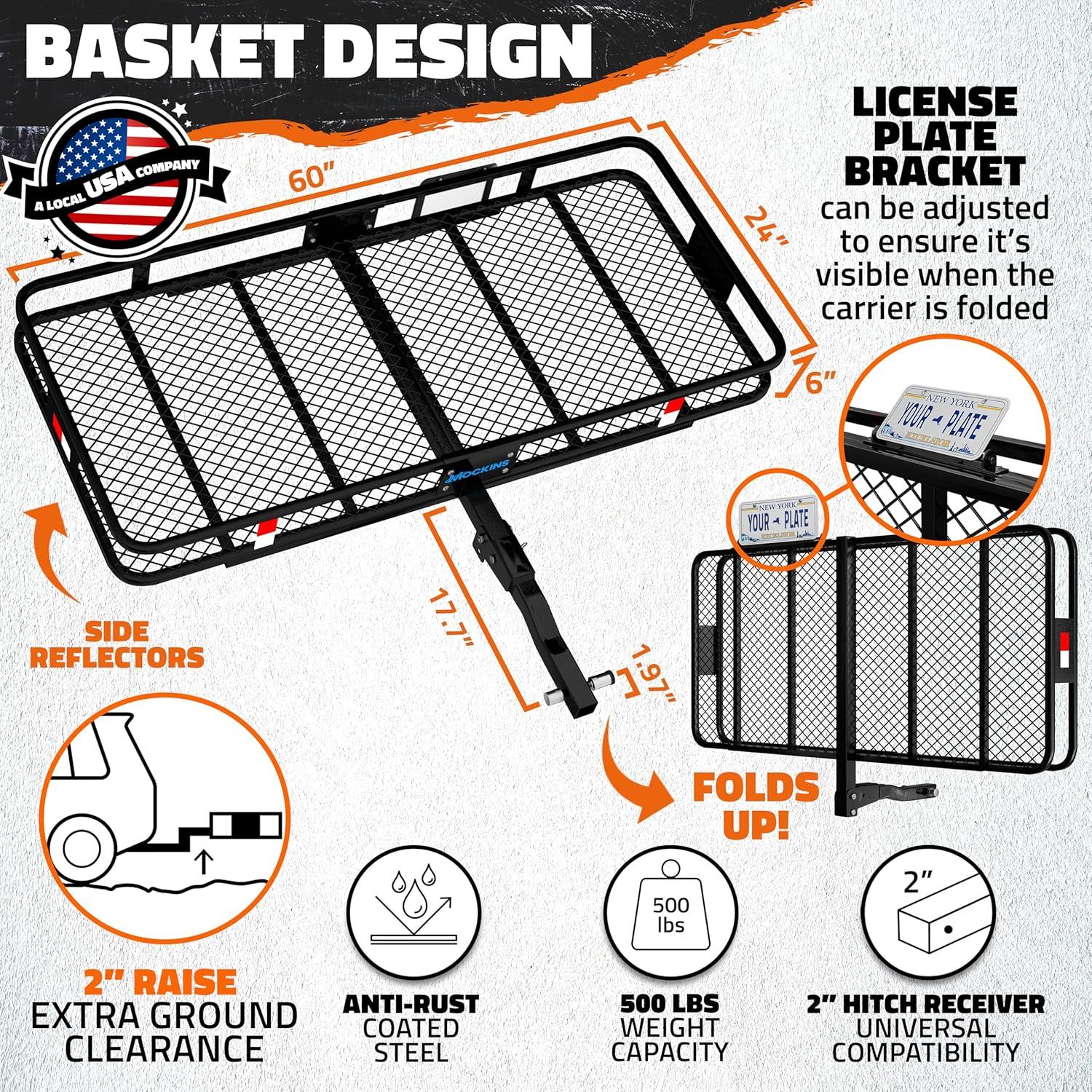 imageMockins 60quotx24quotx6quot Heavy Duty Trailer Hitch Cargo Carrier with 500 Lbs Capacity  Great for Camping Road Trips Moving ampamp More  Hauling Set Includes Straps Net Lock ampamp StabilizerExtra Large 60 L X 24 W X 6 H
