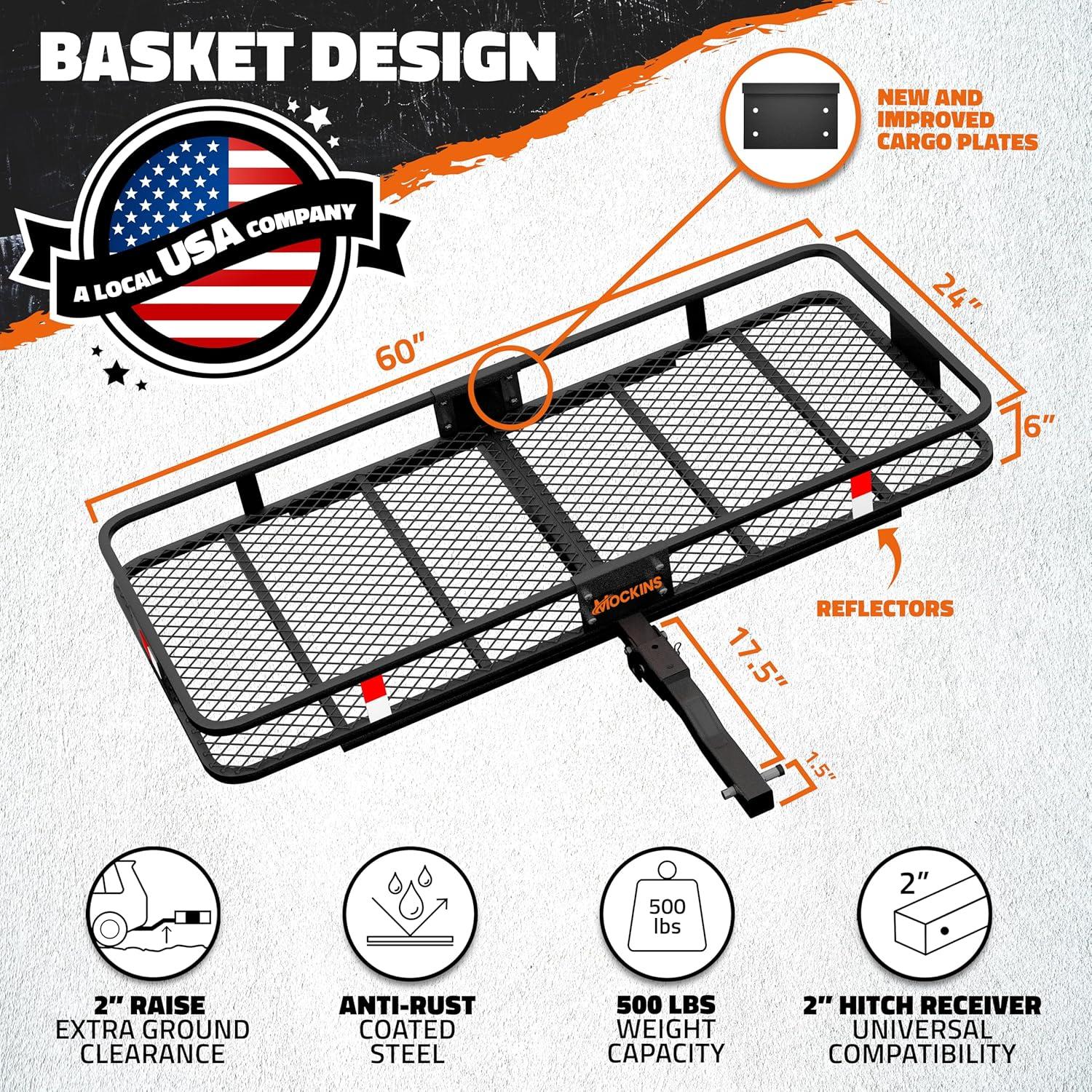 imageMockins 60quotx24quotx6quot Heavy Duty Trailer Hitch Cargo Carrier with 500 Lbs Capacity  Great for Camping Road Trips Moving ampamp More  Hauling Set Includes Straps Net Lock ampamp StabilizerExtra Large 60 L X 24 W X