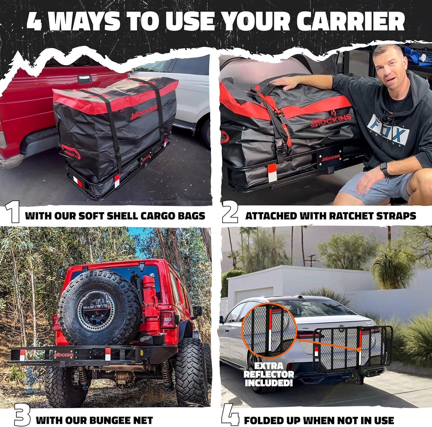 imageMockins 60quotx24quotx6quot Trailer Hitch Cargo Carrier w 30 CuFt Waterproof Cargo Bag for Hitch Carrier ampamp 6 Packing Cubes  Car Trailer Basket ampamp Vehicle Soft Shell Carriers for SUV Car ampamp Truck wAccessories48x18x6  15 CuFt Bag  Packing Cubes