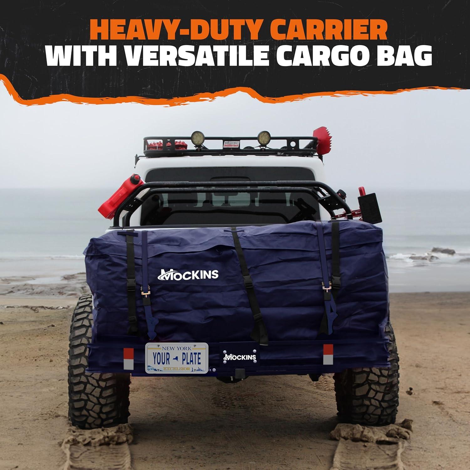 imageMockins 60quotx30quotx6quot Navy Folding Cargo Hitch Carrier ampamp 30 CuFt Trailer Hitch Cargo Carrier Bag  500Lbs Cap Folding Luggage Rack with Waterproof Luggage Bag for Truck Bed License Plate Bracket ampamp More