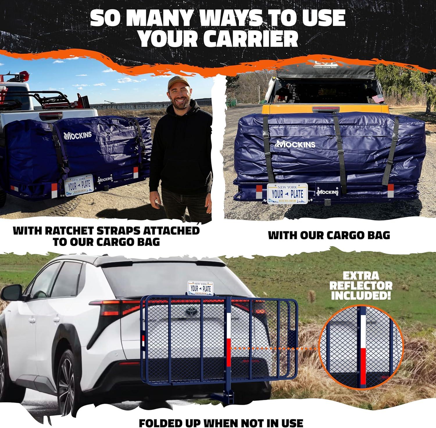 imageMockins 60quotx30quotx6quot Navy Folding Cargo Hitch Carrier ampamp 30 CuFt Trailer Hitch Cargo Carrier Bag  500Lbs Cap Folding Luggage Rack with Waterproof Luggage Bag for Truck Bed License Plate Bracket ampamp More