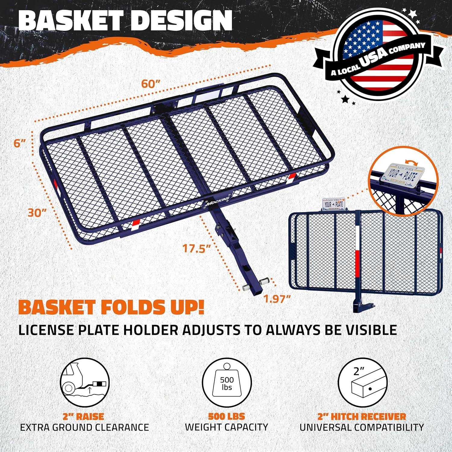 imageMockins 60quotx30quotx6quot Navy Folding Cargo Hitch Carrier ampamp 30 CuFt Trailer Hitch Cargo Carrier Bag  500Lbs Cap Folding Luggage Rack with Waterproof Luggage Bag for Truck Bed License Plate Bracket ampamp More