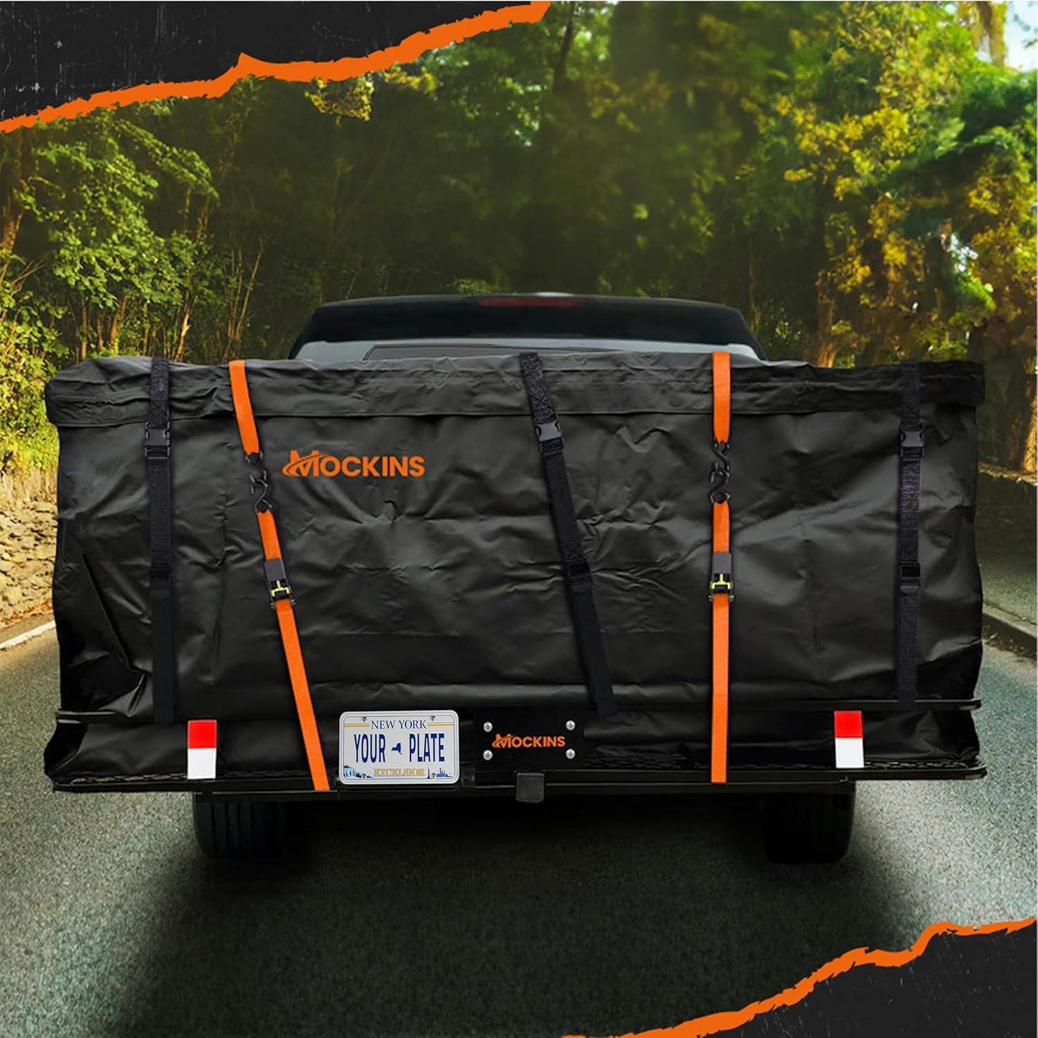 imageMockins 60quotx36quotx6quot XL Folding Trailer Hitch Cargo Carrier ampamp 35 CuFt Tow Hitch Cargo Carrier Bag  500 Lbs Capacity Luggage Rack for SUV Car Truck ampamp Soft Waterproof Trailer Rack Bag with AccessoriesXXLarge 70 L X 30 W X 6 H
