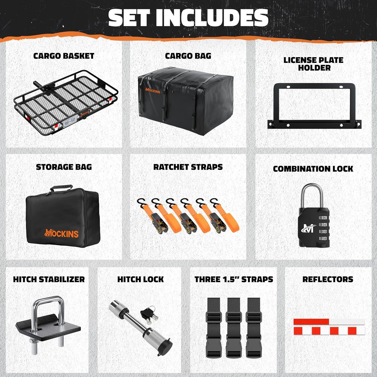 imageMockins 60quotx36quotx6quot XL Folding Trailer Hitch Cargo Carrier ampamp 35 CuFt Tow Hitch Cargo Carrier Bag  500 Lbs Capacity Luggage Rack for SUV Car Truck ampamp Soft Waterproof Trailer Rack Bag with AccessoriesXLarge 60L x 36W x 6H