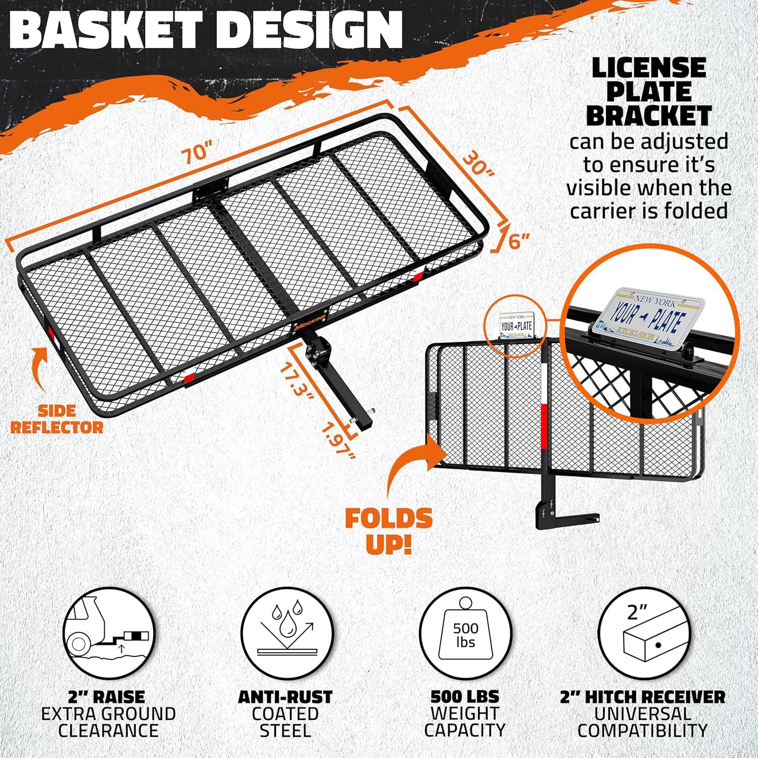 imageMockins 60quotx36quotx6quot XL Folding Trailer Hitch Cargo Carrier ampamp 35 CuFt Tow Hitch Cargo Carrier Bag  500 Lbs Capacity Luggage Rack for SUV Car Truck ampamp Soft Waterproof Trailer Rack Bag with AccessoriesXXLarge 70 L X 30 W X 6 H