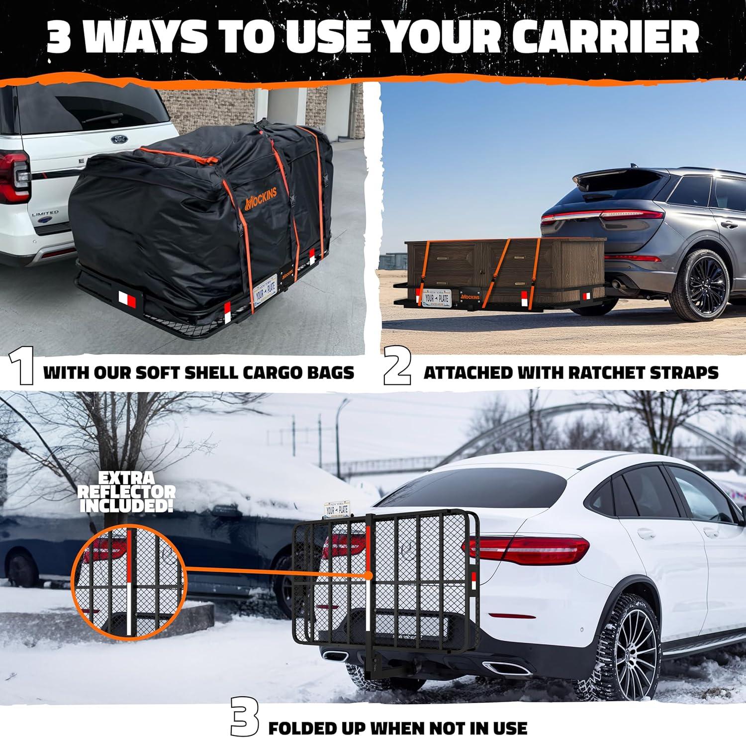 imageMockins 60quotx36quotx6quot XL Folding Trailer Hitch Cargo Carrier ampamp 35 CuFt Tow Hitch Cargo Carrier Bag  500 Lbs Capacity Luggage Rack for SUV Car Truck ampamp Soft Waterproof Trailer Rack Bag with AccessoriesXLarge 60L x 36W x 6H