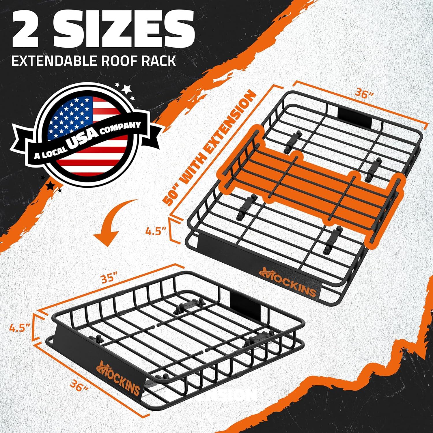 imageMockins 64quotx39quotx6quot Extendable Roof Rack Cargo Carrier for Top of Vehicle  250lbs Cap Car Top Carrier  Rooftop Cargo Basket for SUV Car Van ampamp More  Roof Basket Set wRatchet Straps ampamp Bungee Net50 x 36 x 45