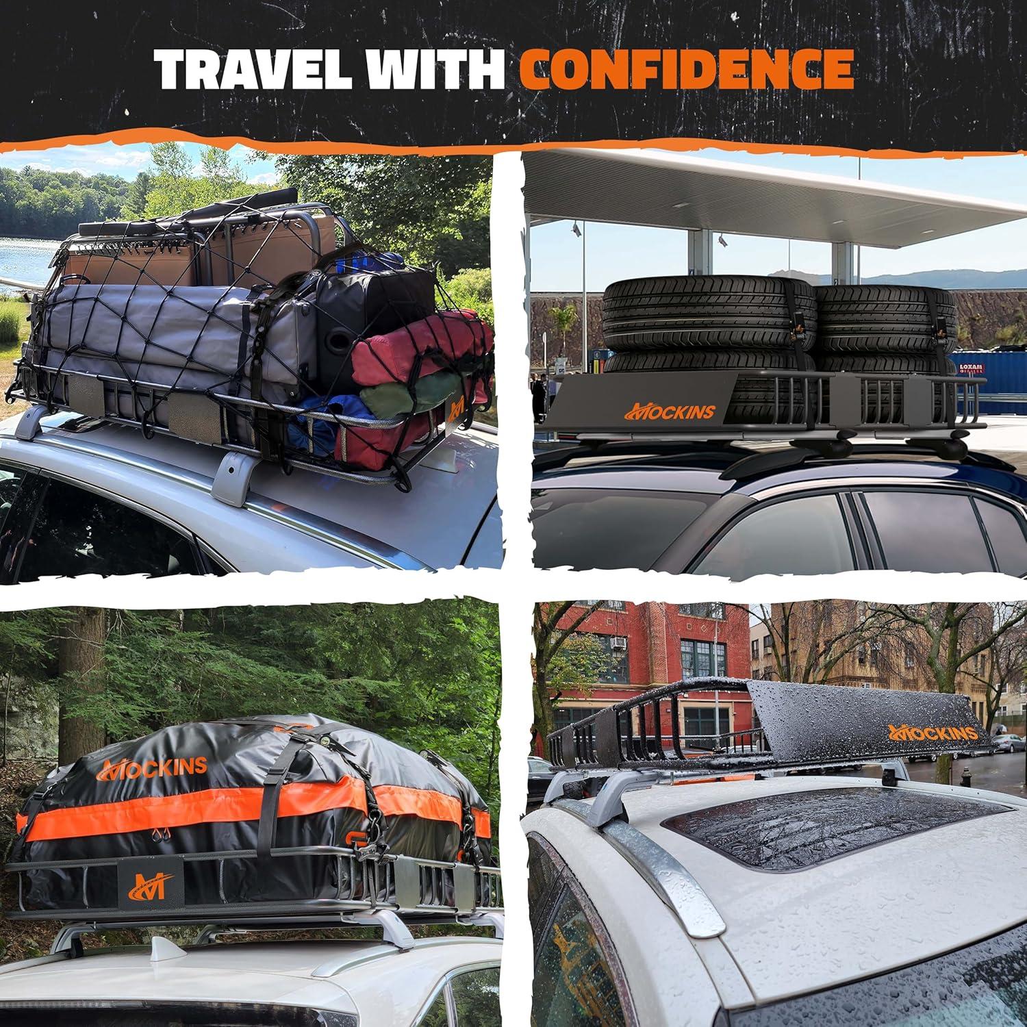 imageMockins 64quotx39quotx6quot Extendable Roof Rack Cargo Carrier for Top of Vehicle  250lbs Cap Car Top Carrier  Rooftop Cargo Basket for SUV Car Van ampamp More  Roof Basket Set wRatchet Straps ampamp Bungee Net64 x 39 x 6