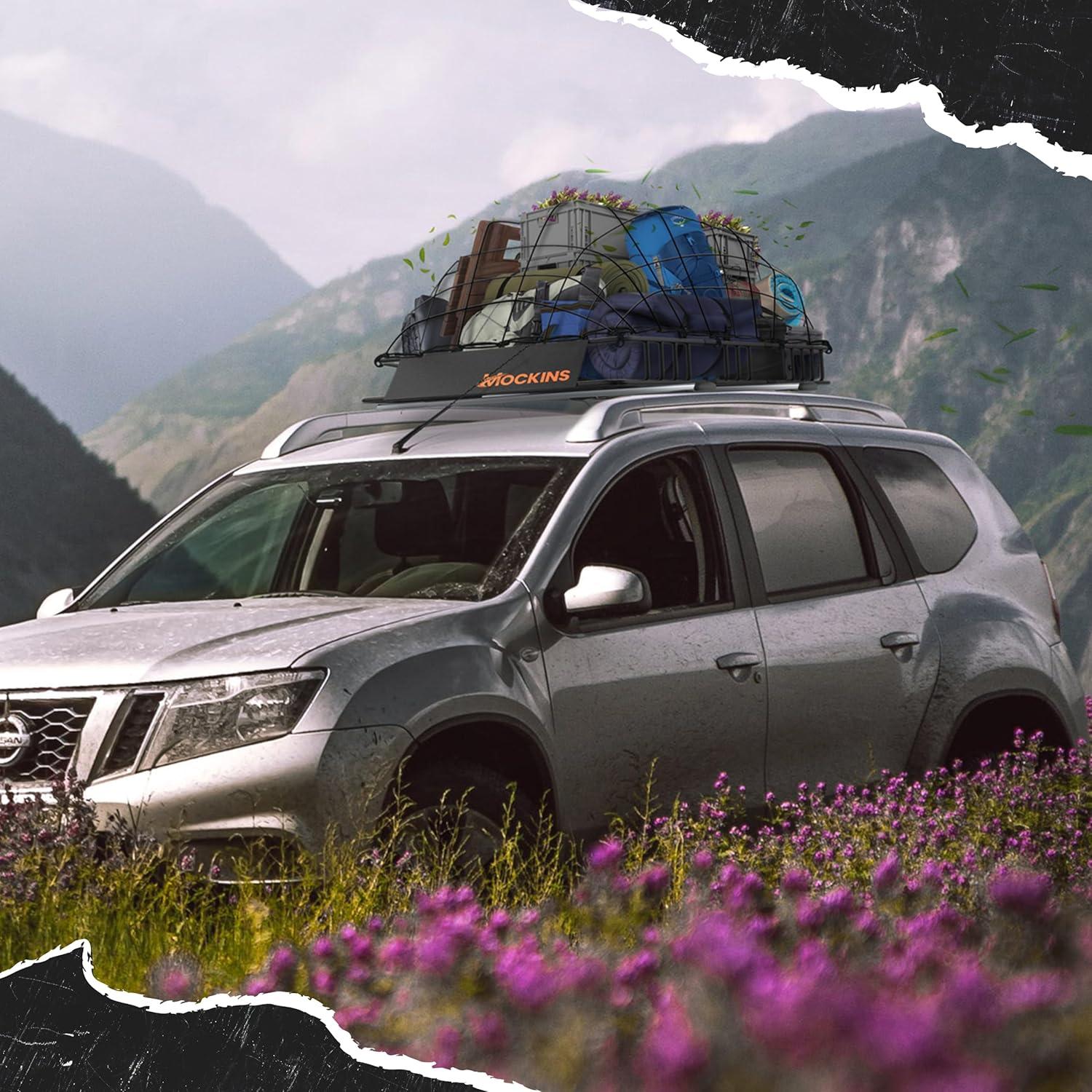 imageMockins 64quotx39quotx6quot Extendable Roof Rack Cargo Carrier for Top of Vehicle  250lbs Cap Car Top Carrier  Rooftop Cargo Basket for SUV Car Van ampamp More  Roof Basket Set wRatchet Straps ampamp Bungee Net84 x 39 x 6