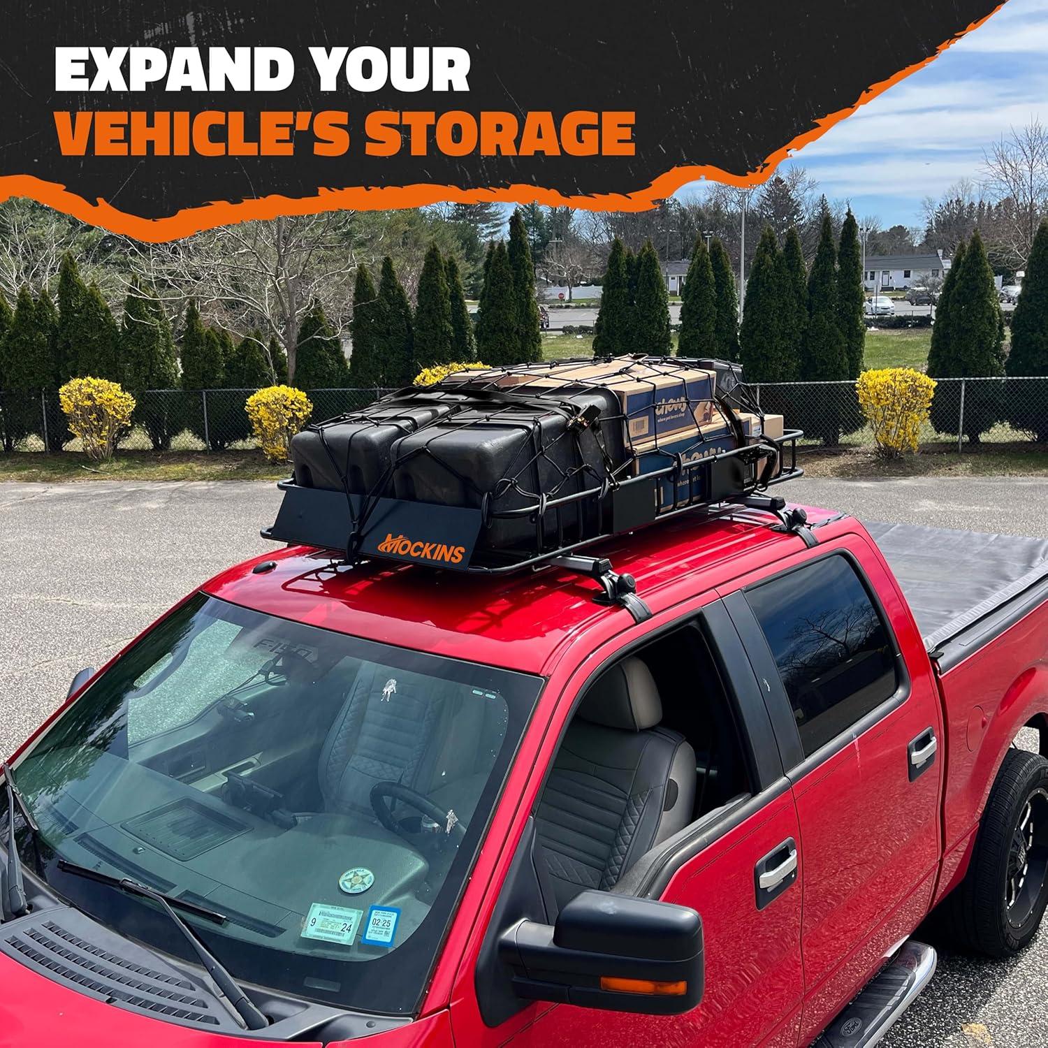 imageMockins 64quotx39quotx6quot Extendable Roof Rack Cargo Carrier for Top of Vehicle  250lbs Cap Car Top Carrier  Rooftop Cargo Basket for SUV Car Van ampamp More  Roof Basket Set wRatchet Straps ampamp Bungee Net64 x 39 x 6