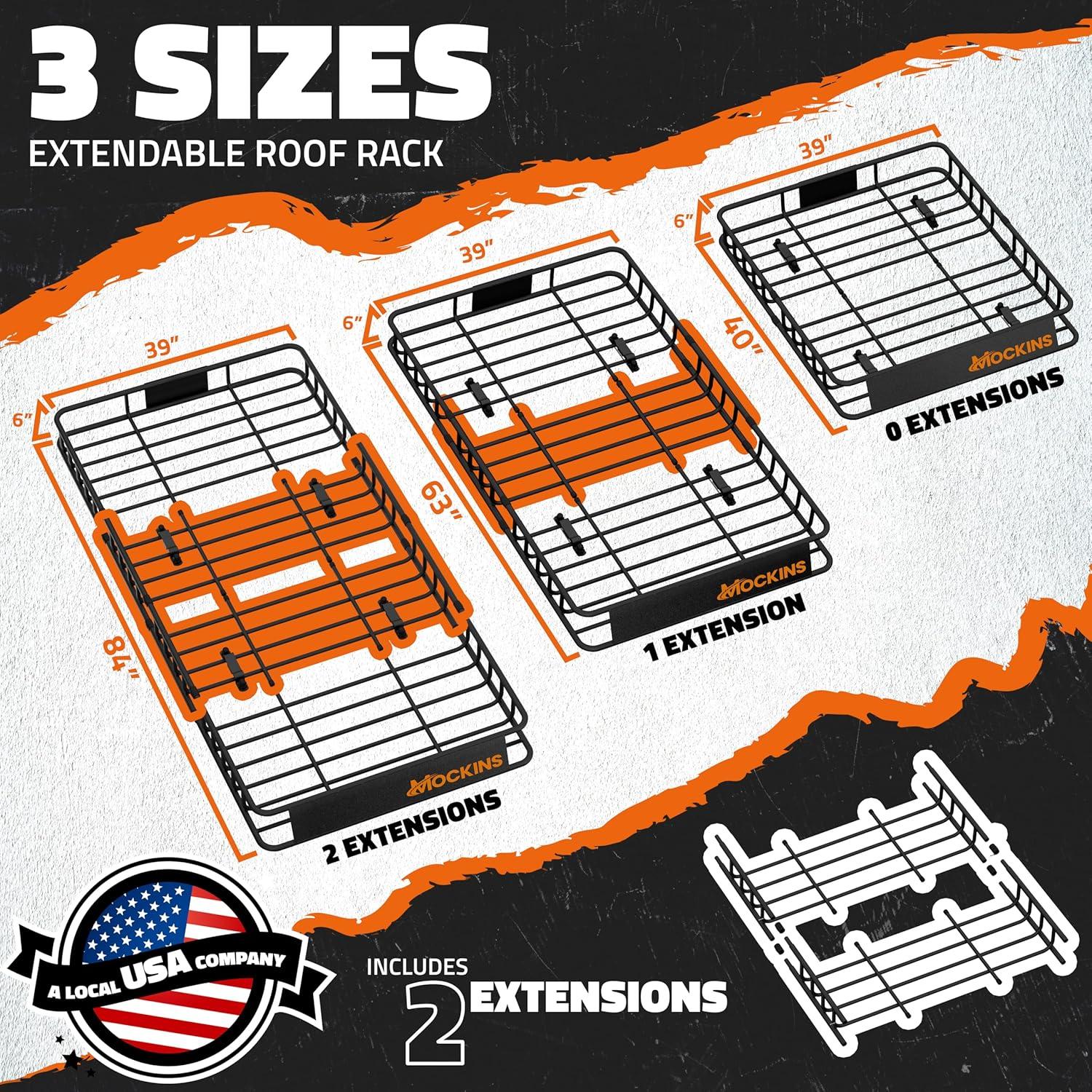 imageMockins 64quotx39quotx6quot Extendable Roof Rack Cargo Carrier for Top of Vehicle  250lbs Cap Car Top Carrier  Rooftop Cargo Basket for SUV Car Van ampamp More  Roof Basket Set wRatchet Straps ampamp Bungee Net84 x 39 x 6