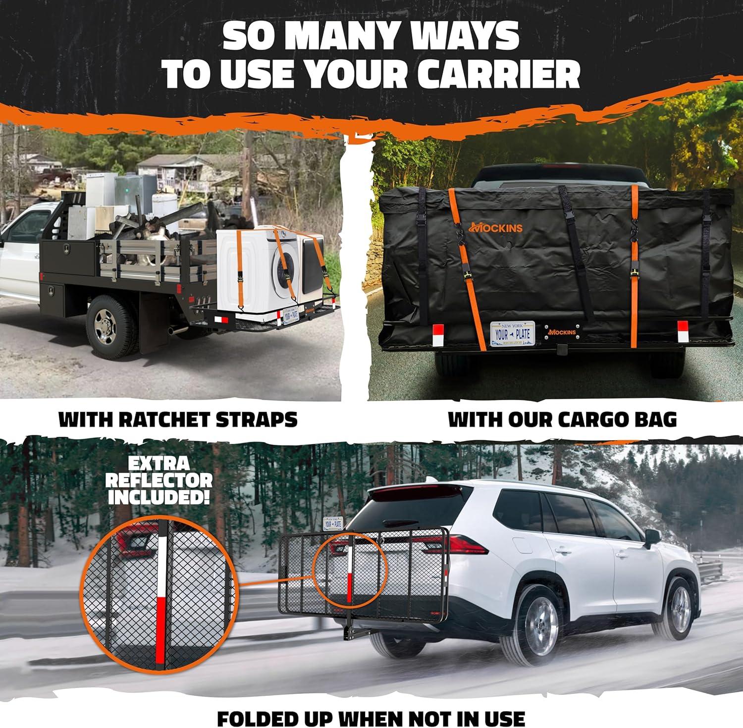 imageMockins 70quotx30quotx6quot XXL Folding Trailer Hitch Cargo Carrier 500Lbs Capacity AllWeather Luggage Rack for SUV ampamp Car Cargo Racks for Trailer Hitch wStabilizer ampamp Straps Cargo Basket Fits 2quot Receiver