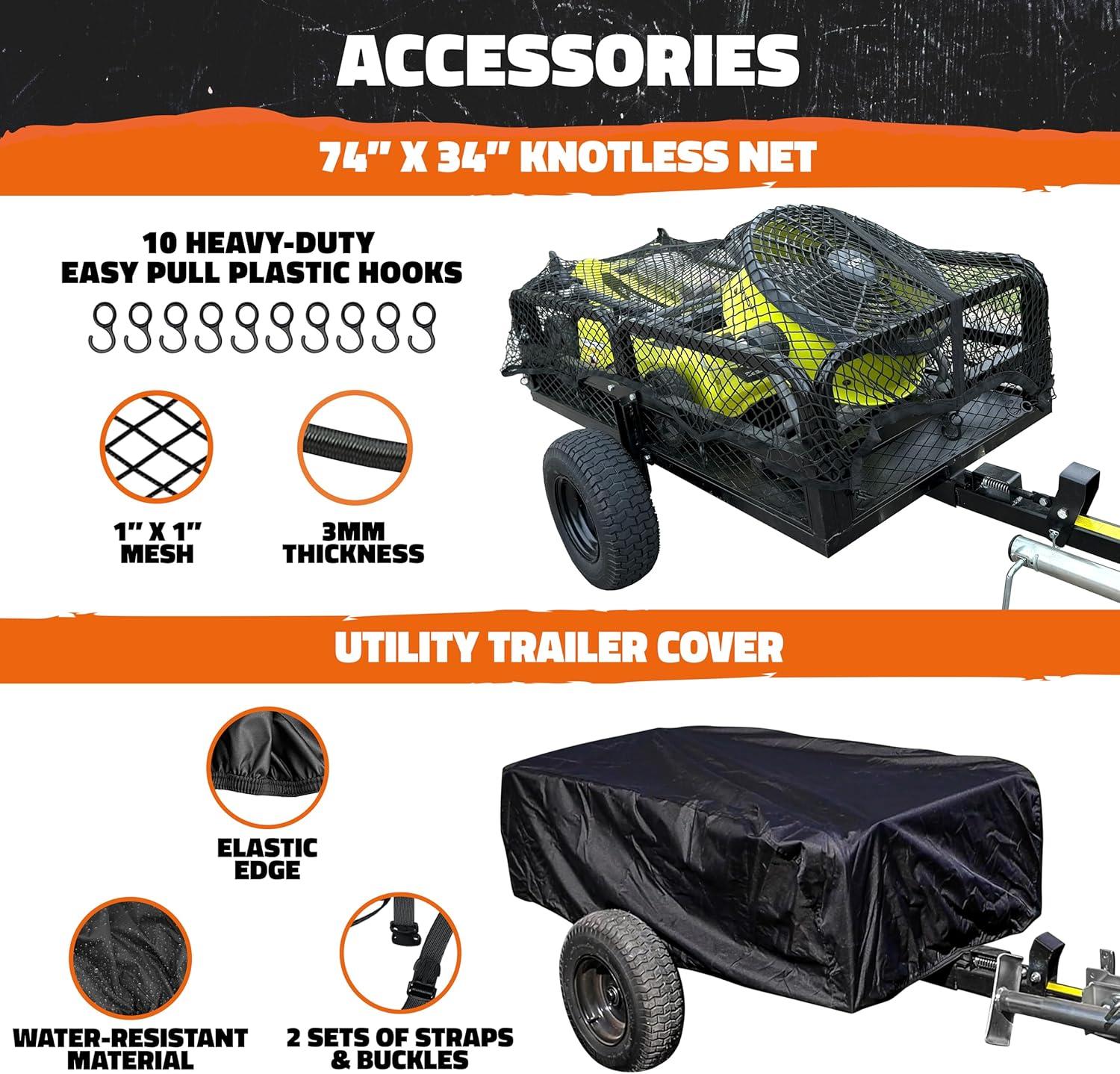 imageMockins 750 Lbs Cap Yard Wagon Heavy Duty UTV ATV Utility Trailer wRamp Attached Jack Stand ampamp 16quot Wheels  OffRoad 14 CuFt Steel Garden Dump Cart for Lawn Tractor Trailer ampamp More wCover ampamp Net