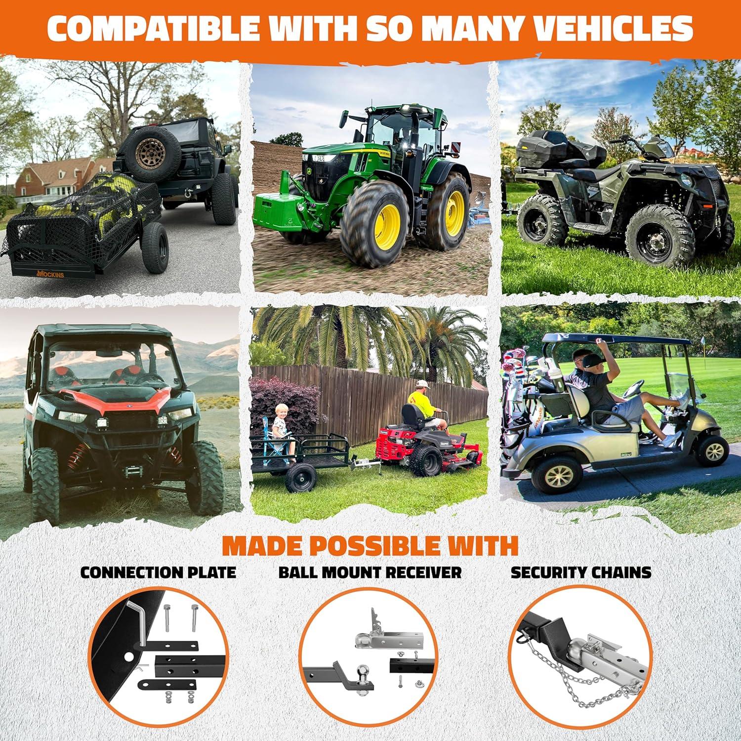 imageMockins 750 Lbs Cap Yard Wagon Heavy Duty UTV ATV Utility Trailer wRamp Attached Jack Stand ampamp 16quot Wheels  OffRoad 14 CuFt Steel Garden Dump Cart for Lawn Tractor Trailer ampamp More wCover ampamp Net