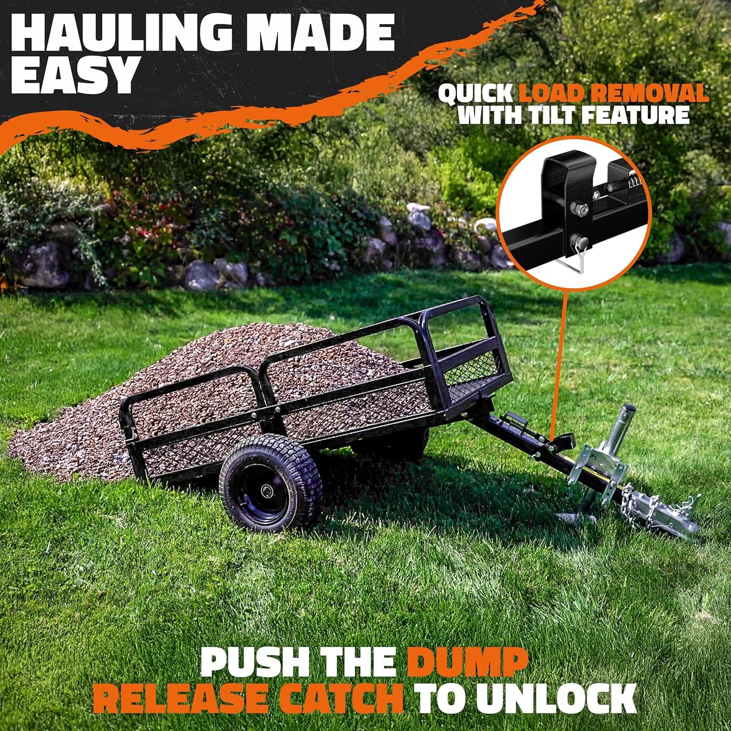 imageMockins 750 Lbs Cap Yard Wagon Heavy Duty UTV ATV Utility Trailer wRamp Attached Jack Stand ampamp 16quot Wheels  OffRoad 14 CuFt Steel Garden Dump Cart for Lawn Tractor Trailer ampamp More wCover ampamp Net