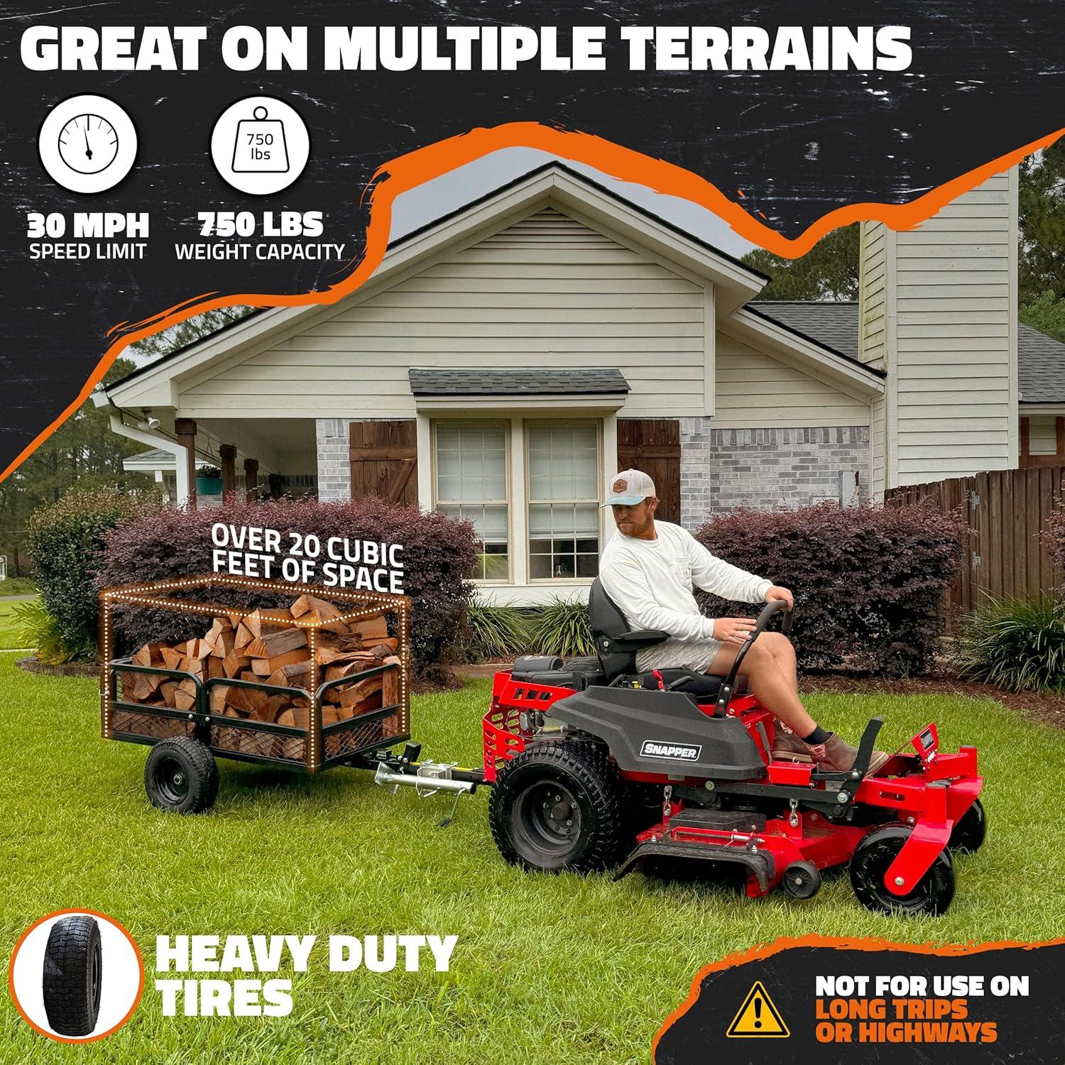 imageMockins 750 Lbs Cap Yard Wagon Heavy Duty UTV ATV Utility Trailer wRamp Attached Jack Stand ampamp 16quot Wheels  OffRoad 14 CuFt Steel Garden Dump Cart for Lawn Tractor Trailer ampamp More wCover ampamp Net