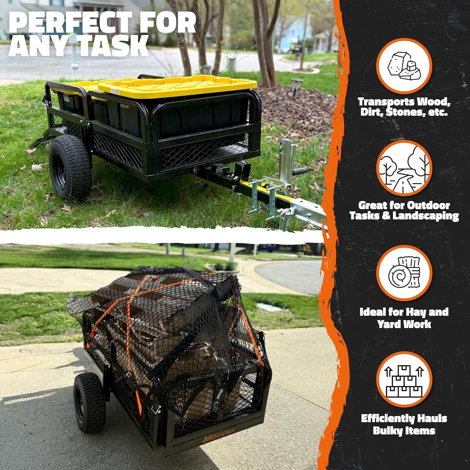 imageMockins 750 Lbs Cap Yard Wagon Heavy Duty UTV ATV Utility Trailer wRamp Attached Jack Stand ampamp 16quot Wheels  OffRoad 14 CuFt Steel Garden Dump Cart for Lawn Tractor Trailer ampamp More wCover ampamp Net