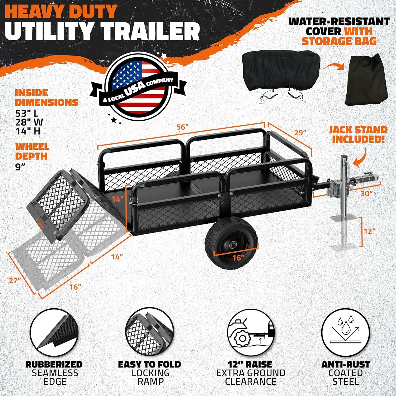 imageMockins 750 Lbs Cap Yard Wagon Heavy Duty UTV ATV Utility Trailer wRamp Attached Jack Stand ampamp 16quot Wheels  OffRoad 14 CuFt Steel Garden Dump Cart for Lawn Tractor Trailer ampamp More wCover ampamp Net