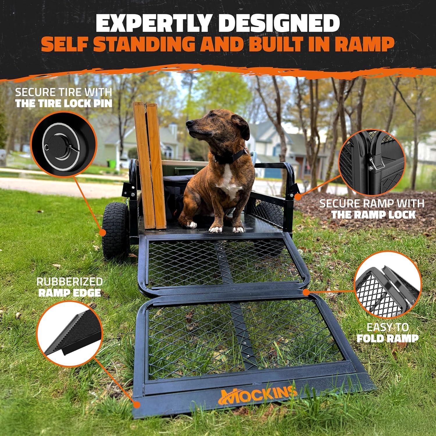 imageMockins 750 Lbs Cap Yard Wagon Heavy Duty UTV ATV Utility Trailer wRamp Attached Jack Stand ampamp 16quot Wheels  OffRoad 14 CuFt Steel Garden Dump Cart for Lawn Tractor Trailer ampamp More wCover ampamp Net