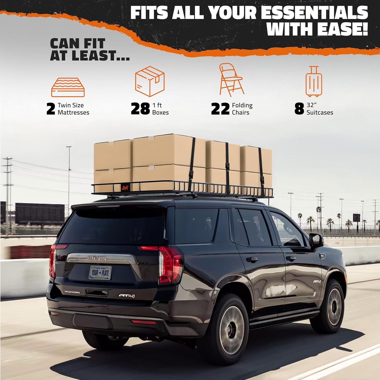 imageMockins 90quotx50quotx6quot XXL Heavy Duty Roof Rack Cargo Carrier for Top of Vehicle Storage  250 Lbs Cap Steel Car Roof Basket wStraps  Weatherproof Rooftop Cargo Basket for SUV RV ampamp Large Vehicles