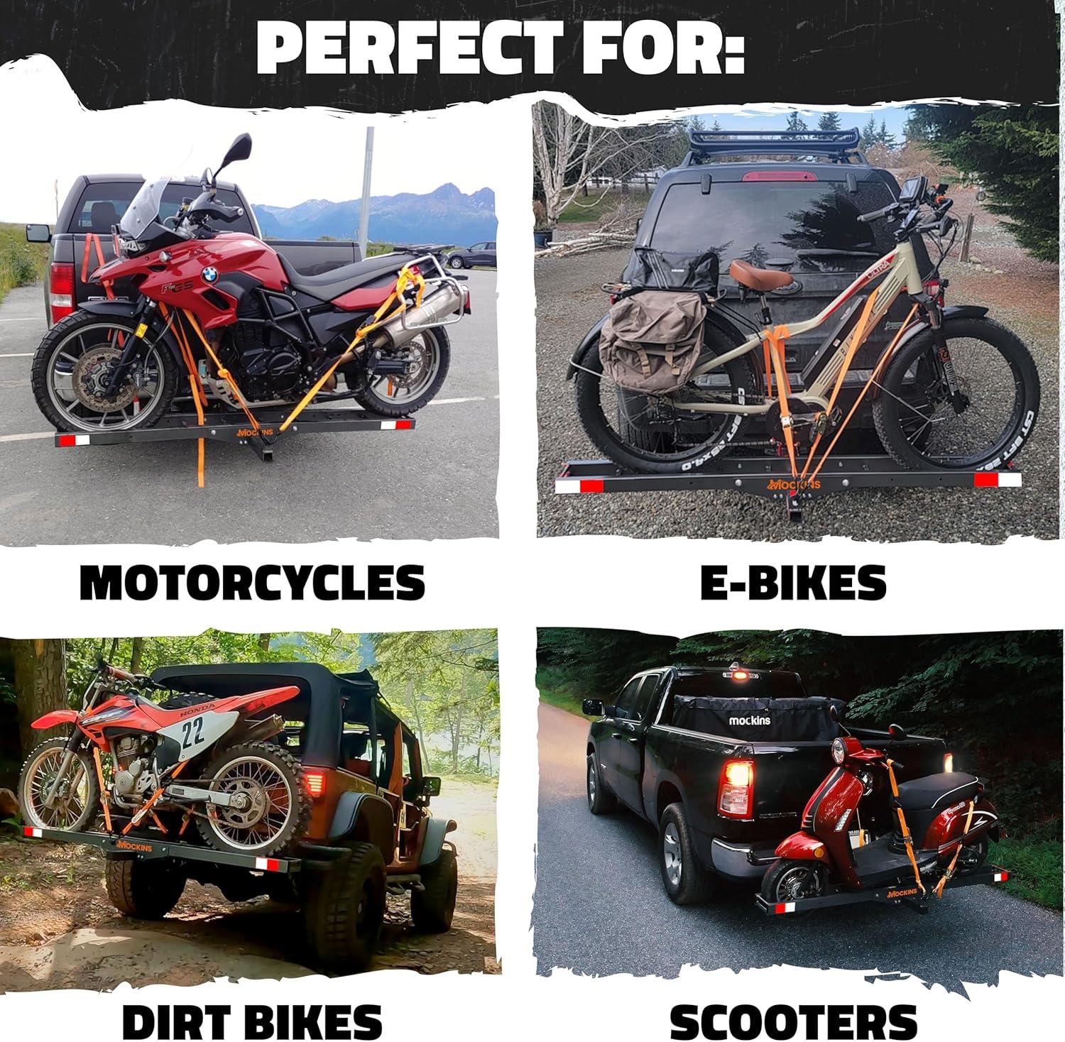 imageMockins AntiTilt 73quot Motorcycle Hitch Carrier with Ramp  500 Lbs Cap Dirt Bike Hitch Carrier  AllWeather Steel Motorcycle Trailer Mount Versatile as eBike Rack ampamp Scooter Rack with AccessoriesBlack