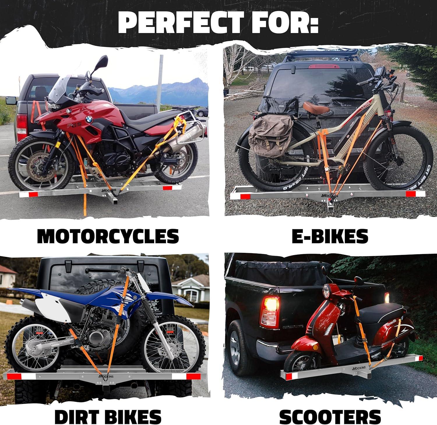 imageMockins AntiTilt 73quot Motorcycle Hitch Carrier with Ramp  500 Lbs Cap Dirt Bike Hitch Carrier  AllWeather Steel Motorcycle Trailer Mount Versatile as eBike Rack ampamp Scooter Rack with AccessoriesGray