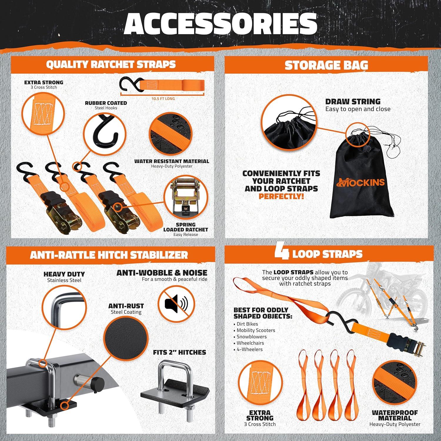 imageMockins AntiTilt 73quot Motorcycle Hitch Carrier with Ramp  500 Lbs Cap Dirt Bike Hitch Carrier  AllWeather Steel Motorcycle Trailer Mount Versatile as eBike Rack ampamp Scooter Rack with AccessoriesBlack